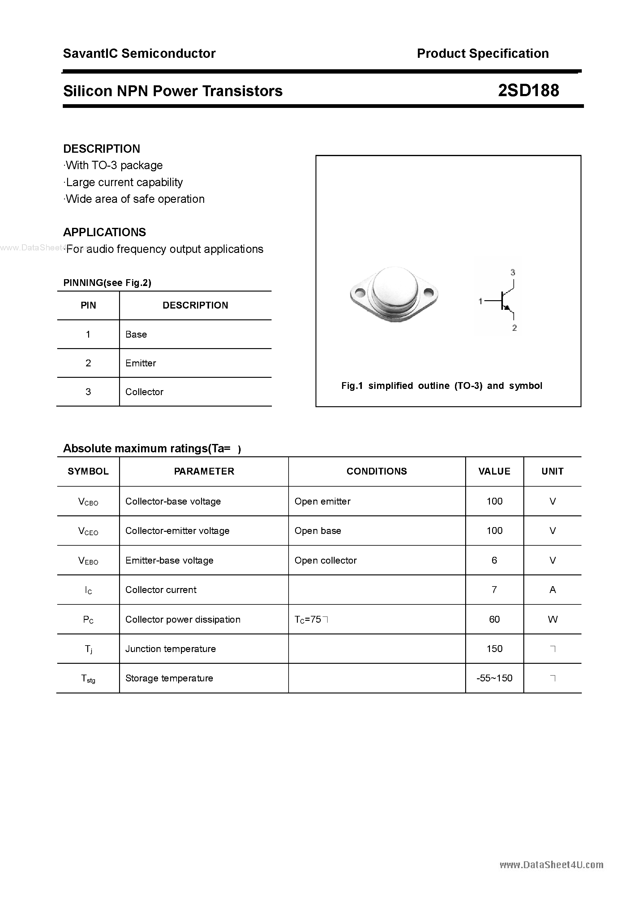 Datasheet 2SD188 - Silicon NPN Power Transistor page 1