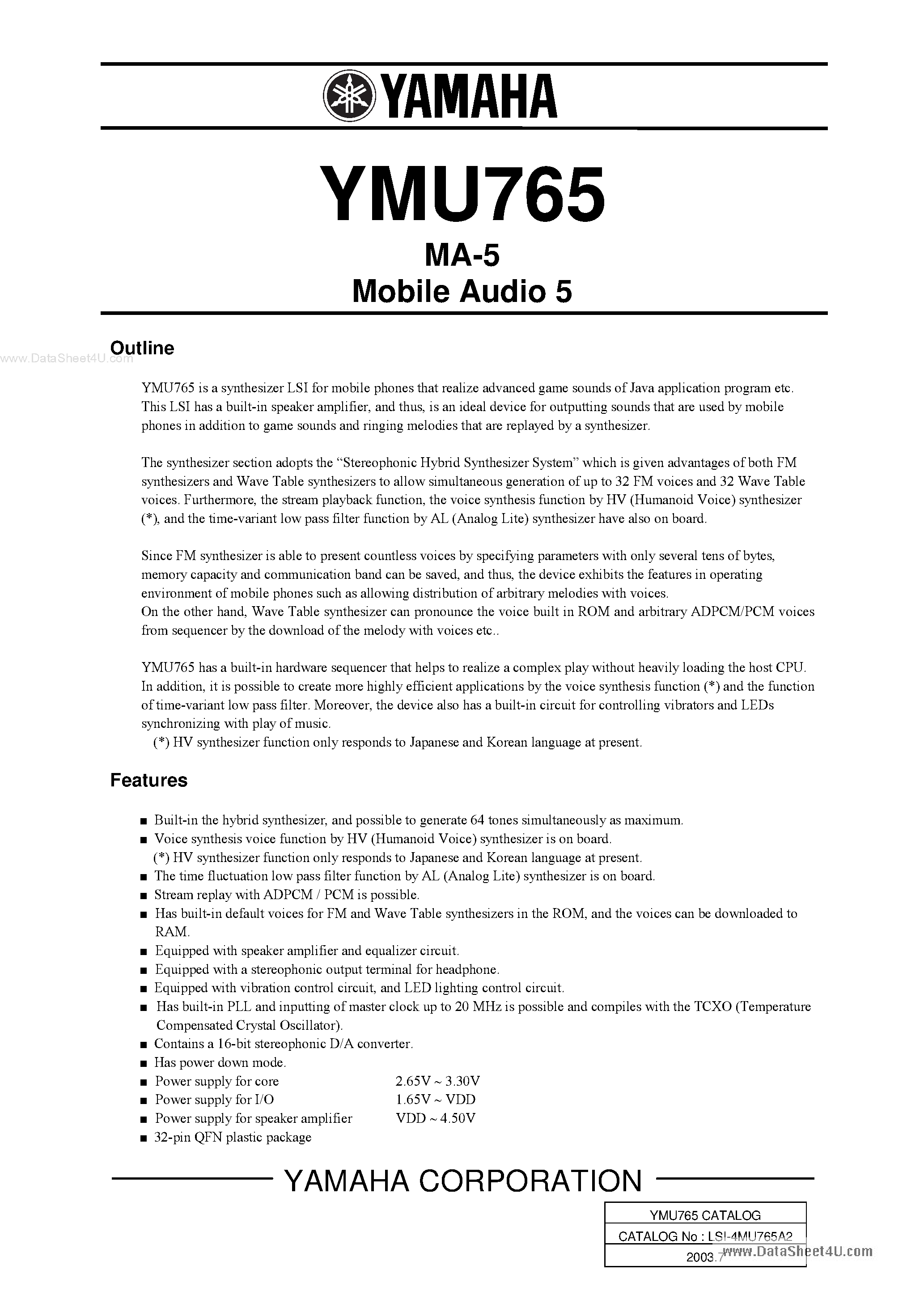 Datasheet YMU765 page 1 Datasheet YMU765 - Mobile Audio 5 page 1