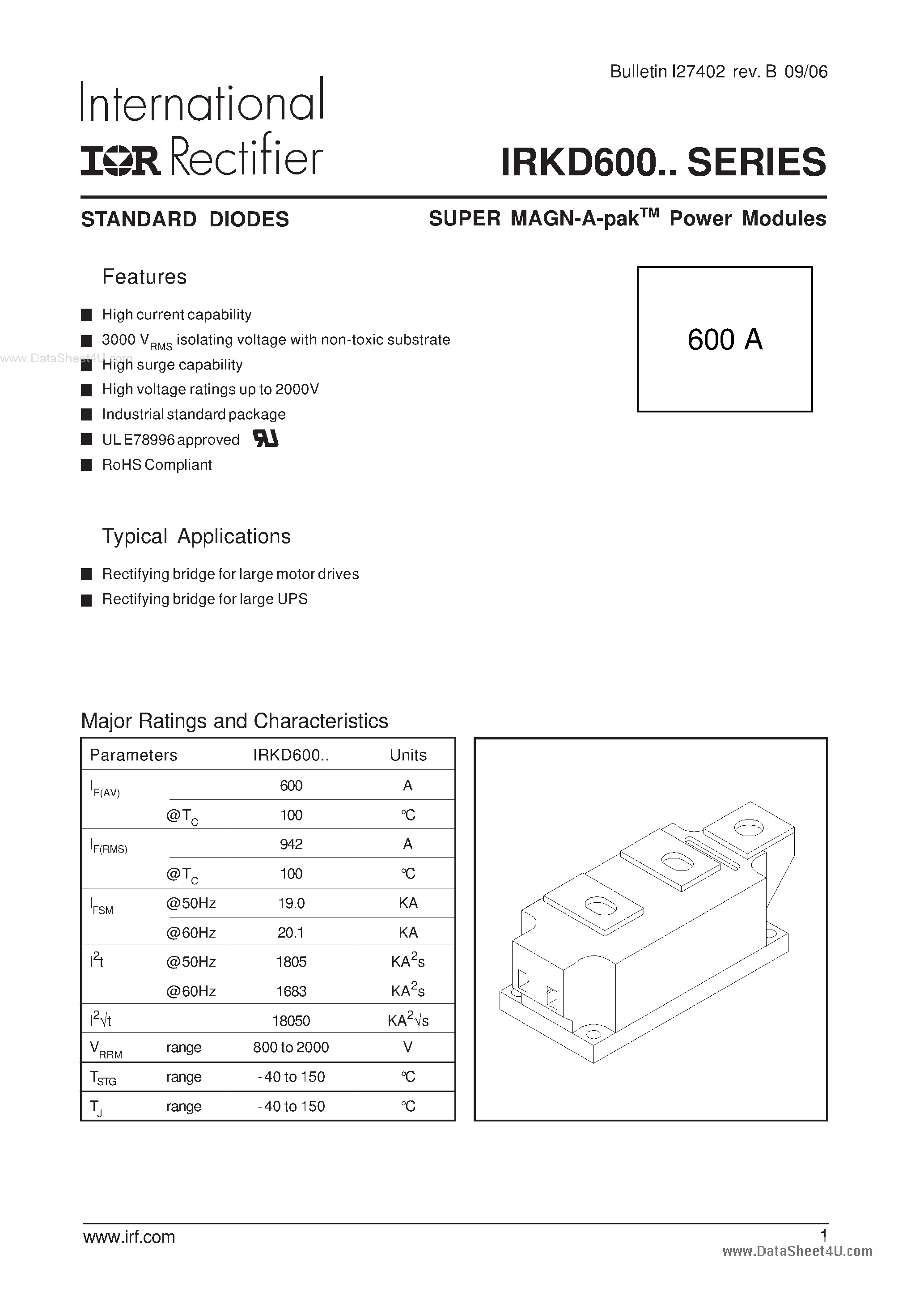 Даташит IRKD600 - STANDARD DIODES SUPER MAGM-A-part Power Modules страница 1