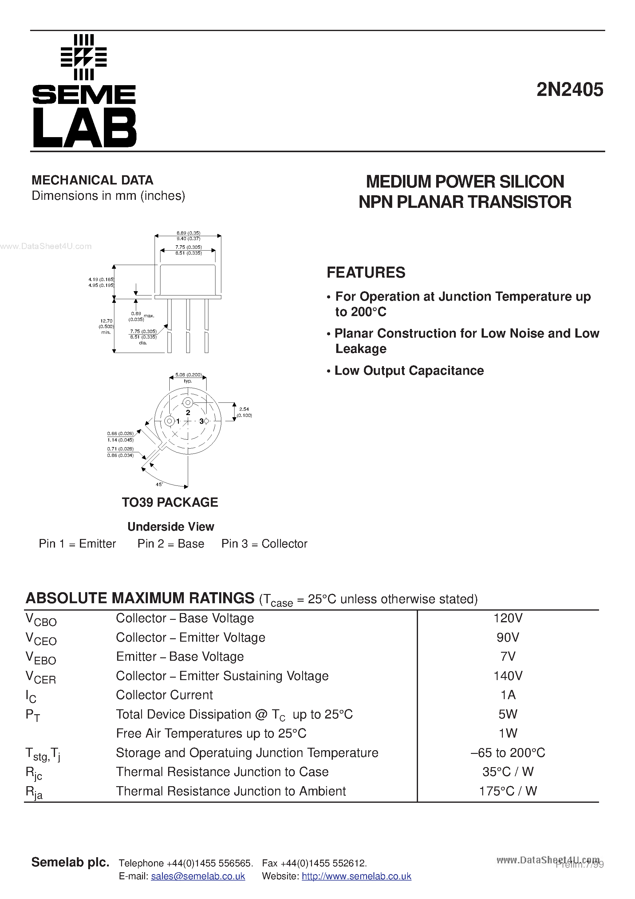 Datasheet 2N2405 - MEDIUM POWER SILICON NPN PLANAR TRANSISTOR page 1
