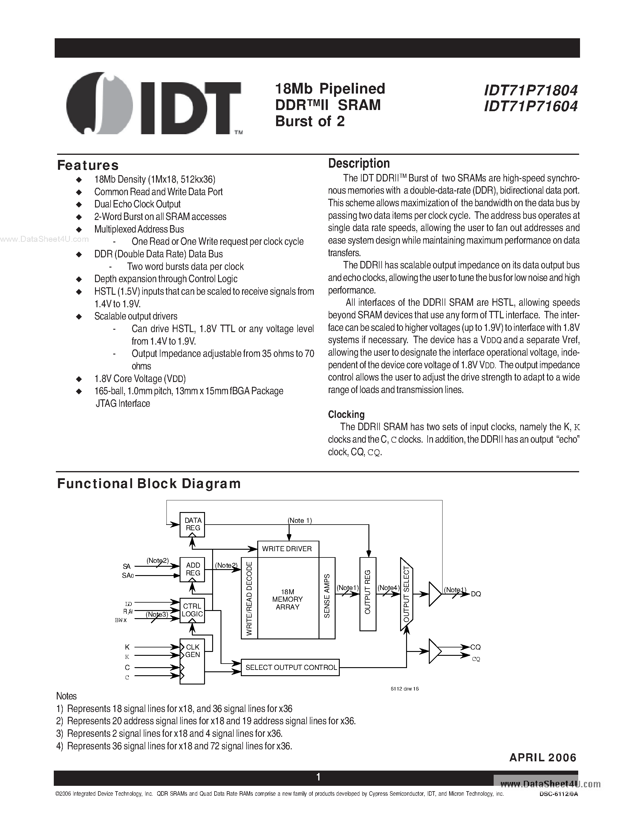 Datasheet IDT71P71604 page 1 Datasheet IDT71P71604 - (IDT71P71604 / IDT71P71804) 18Mb Pipelined DDRII SRAM Burst of 2 page 1