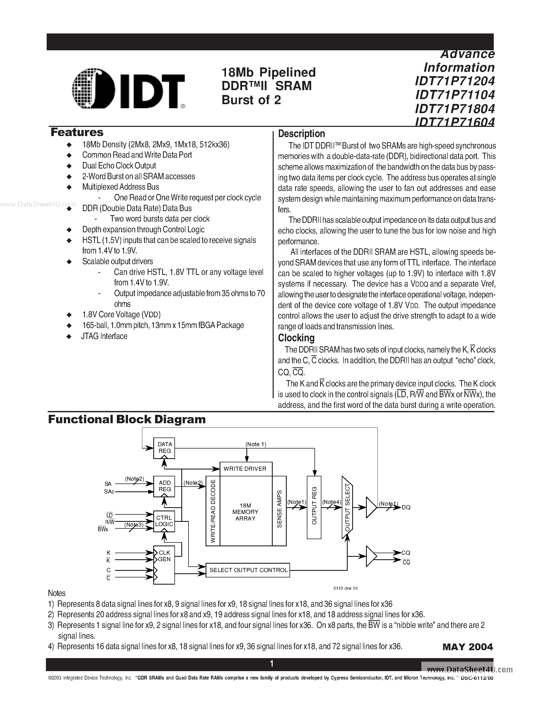 Datasheet IDT71P71204 page 1 Datasheet IDT71P71204 - (IDT71P71x04) 18Mb Pipelined DDRII SRAM Burst of 2 page 1