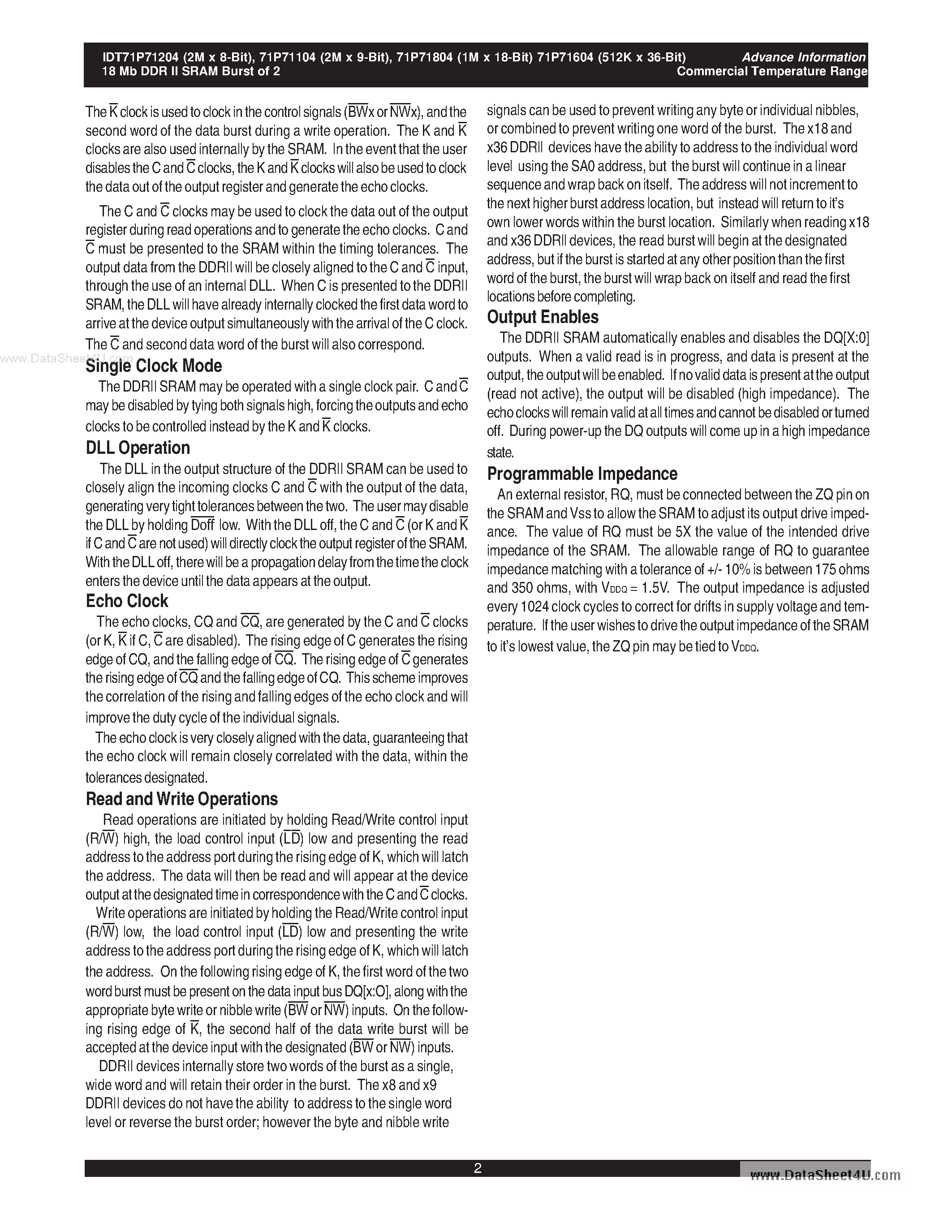 Datasheet IDT71P71204 page 2 Datasheet IDT71P71204 - (IDT71P71x04) 18Mb Pipelined DDRII SRAM Burst of 2 page 2