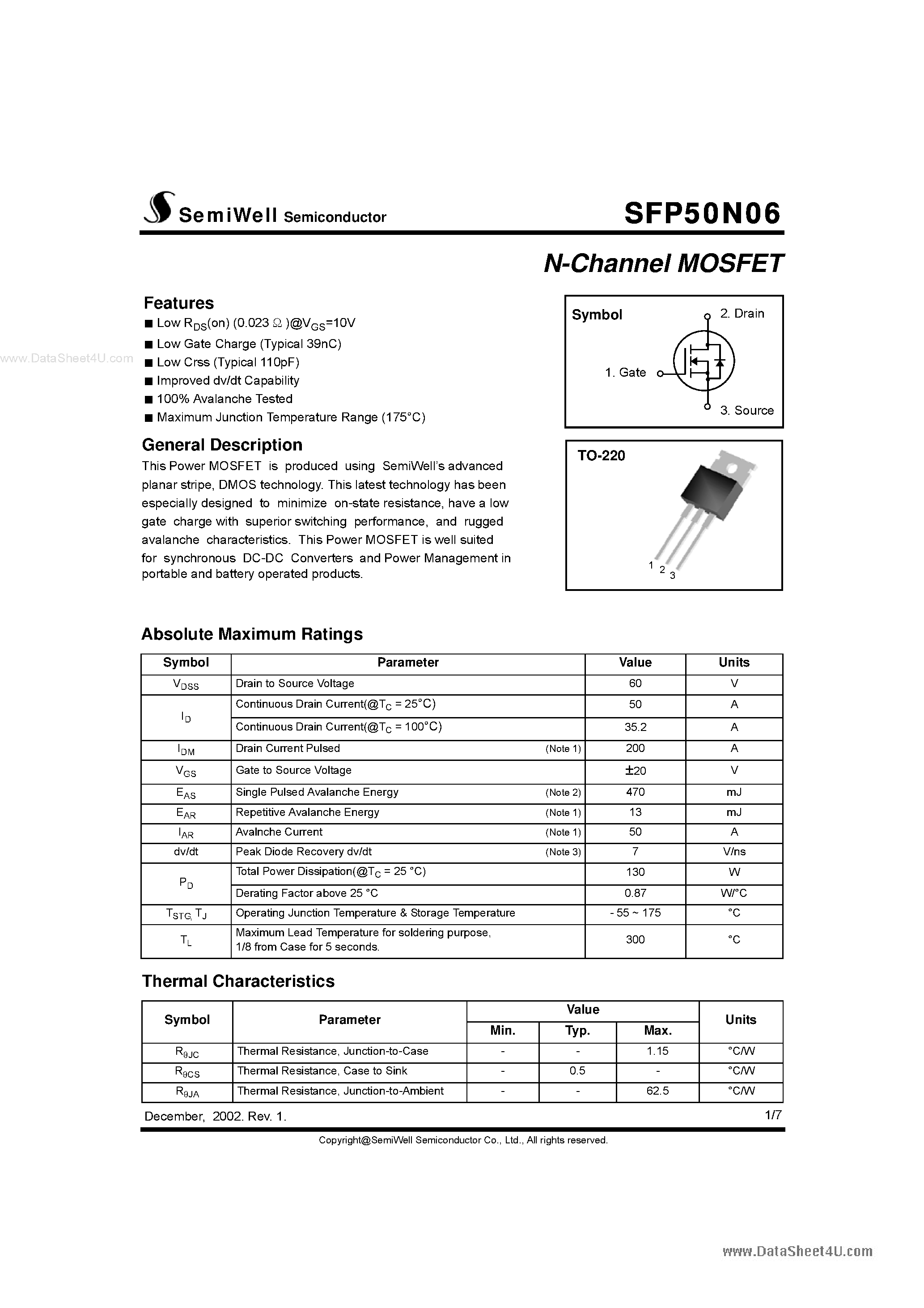 Даташит на микросхему SFP50N06 страница 1 Даташит SFP50N06 - N-Channel MOSFET страница 1