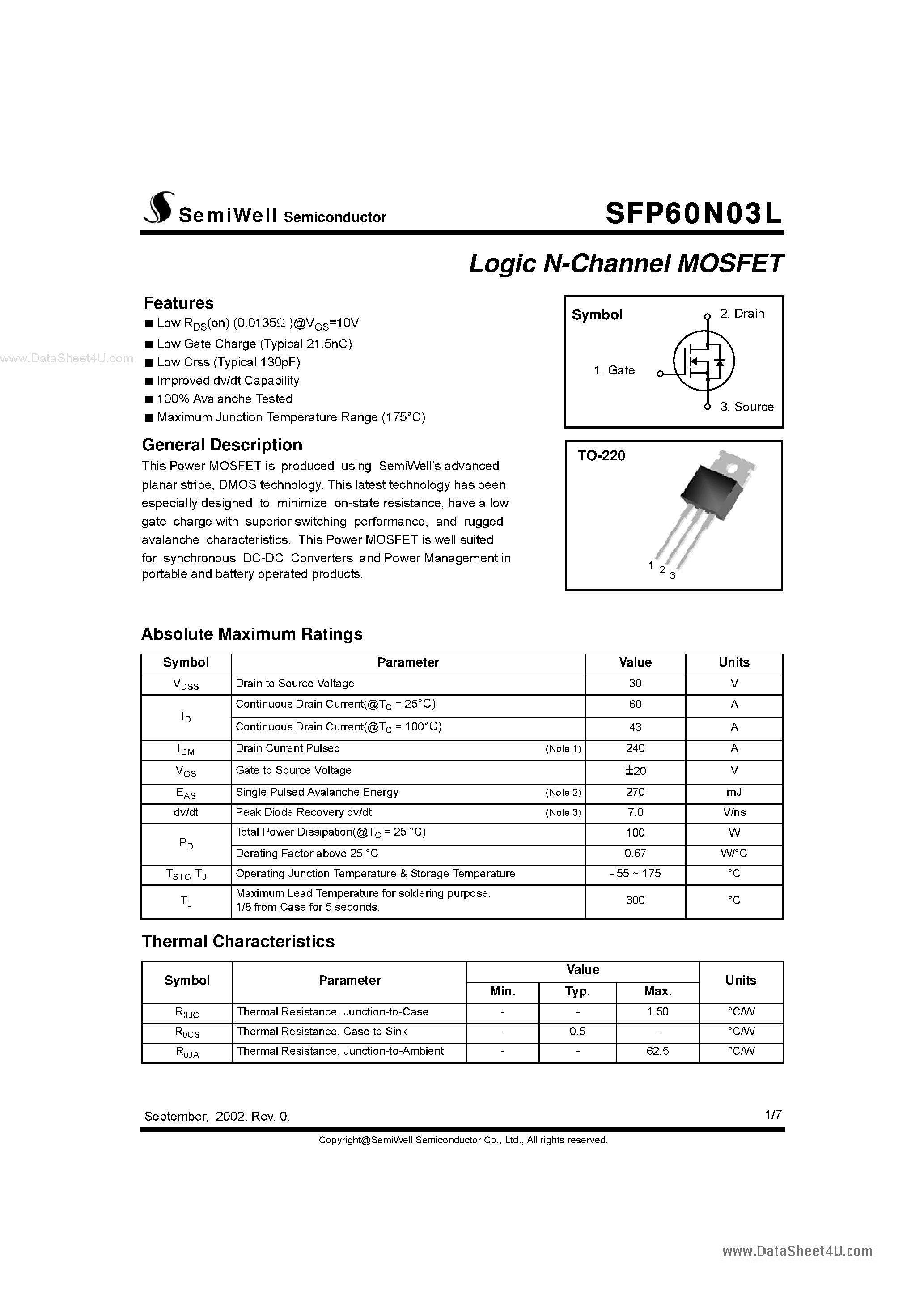 Даташит SFP60N03L - Logic N-Channel MOSFET страница 1