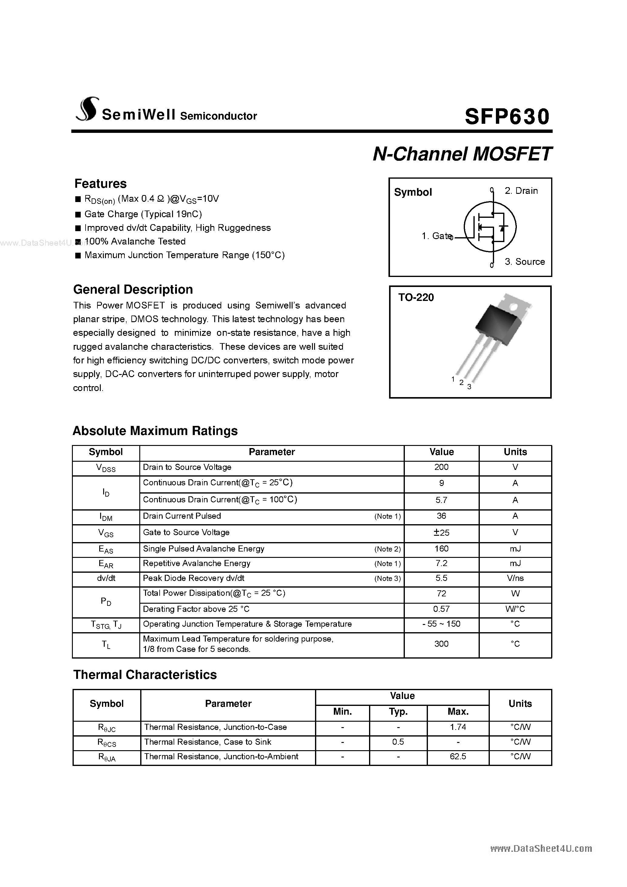 Даташит SFP630 - N-Channel MOSFET страница 1