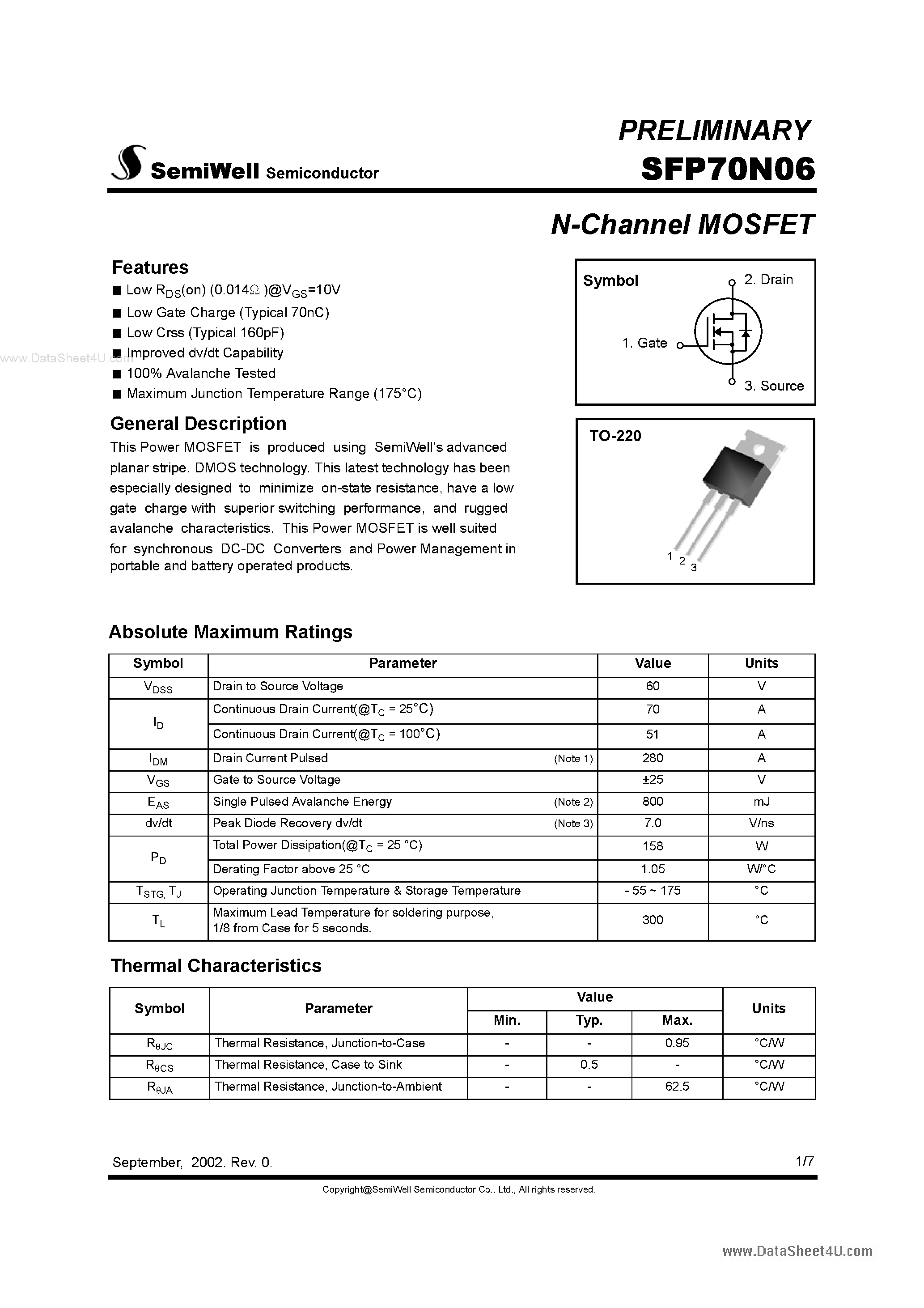 Даташит SFP70N06 - N-Channel MOSFET страница 1