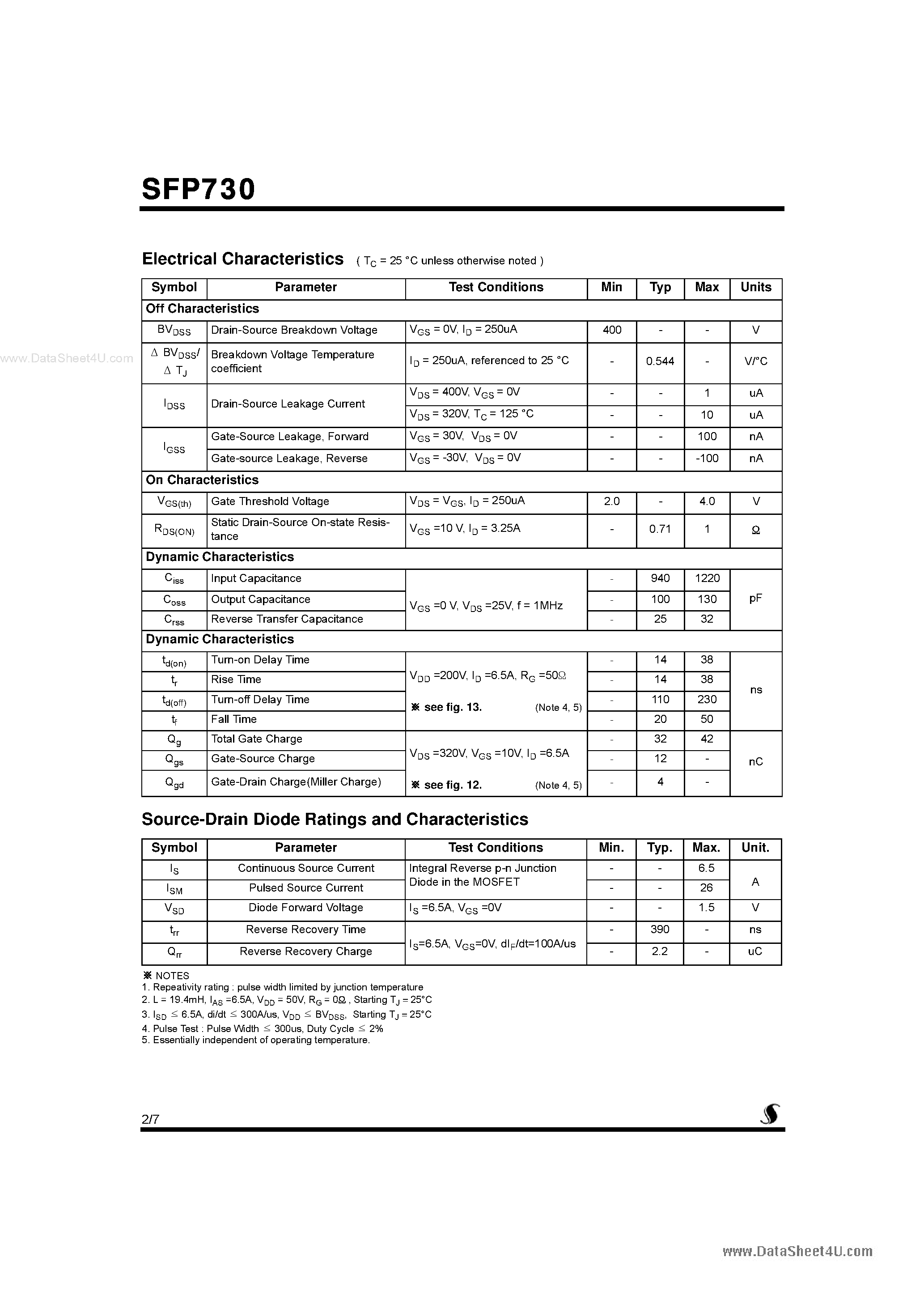 Datasheet SFP730 - N-Channel MOSFET page 2