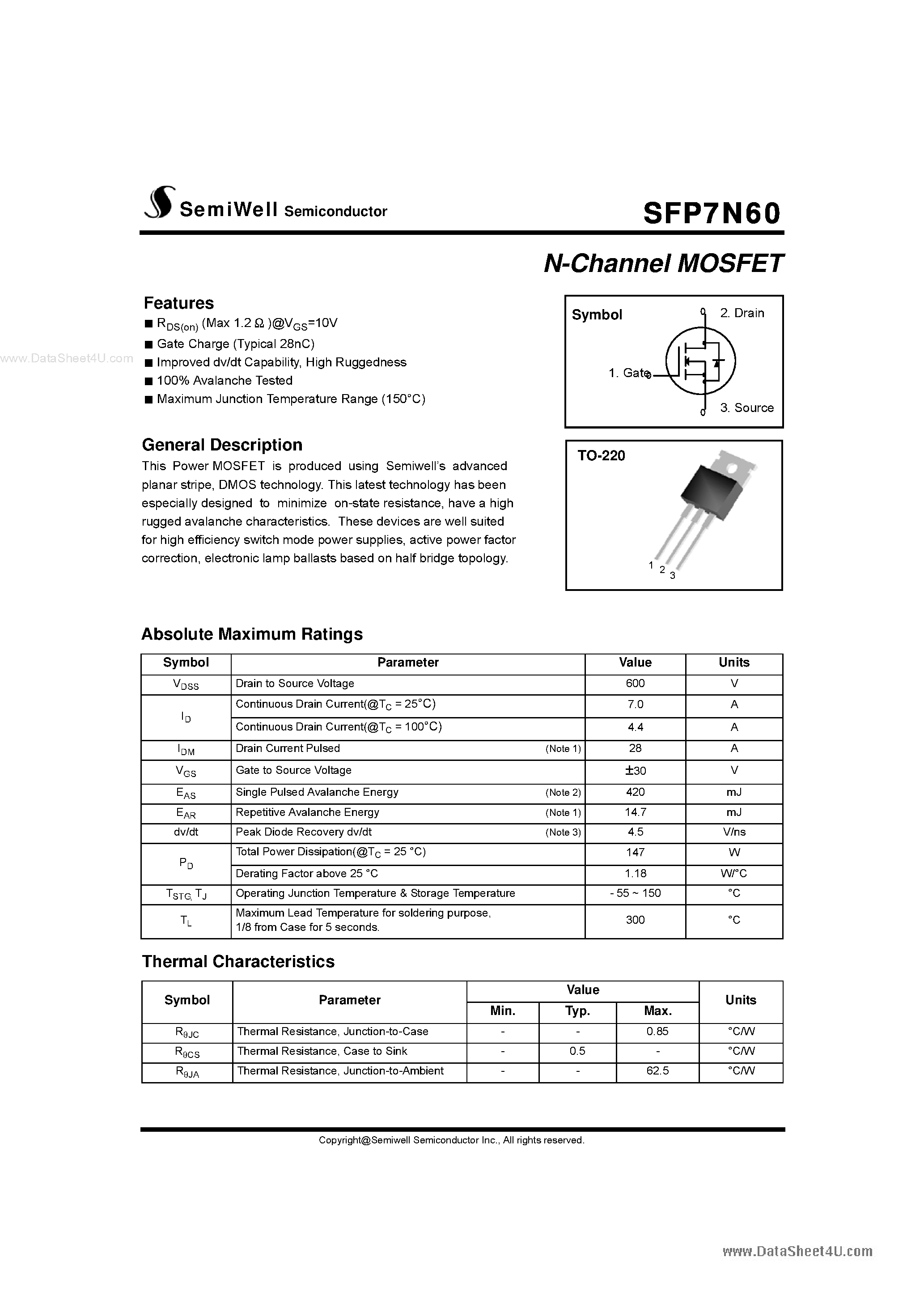 Datasheet SFP7N60 - N-Channel MOSFET page 1