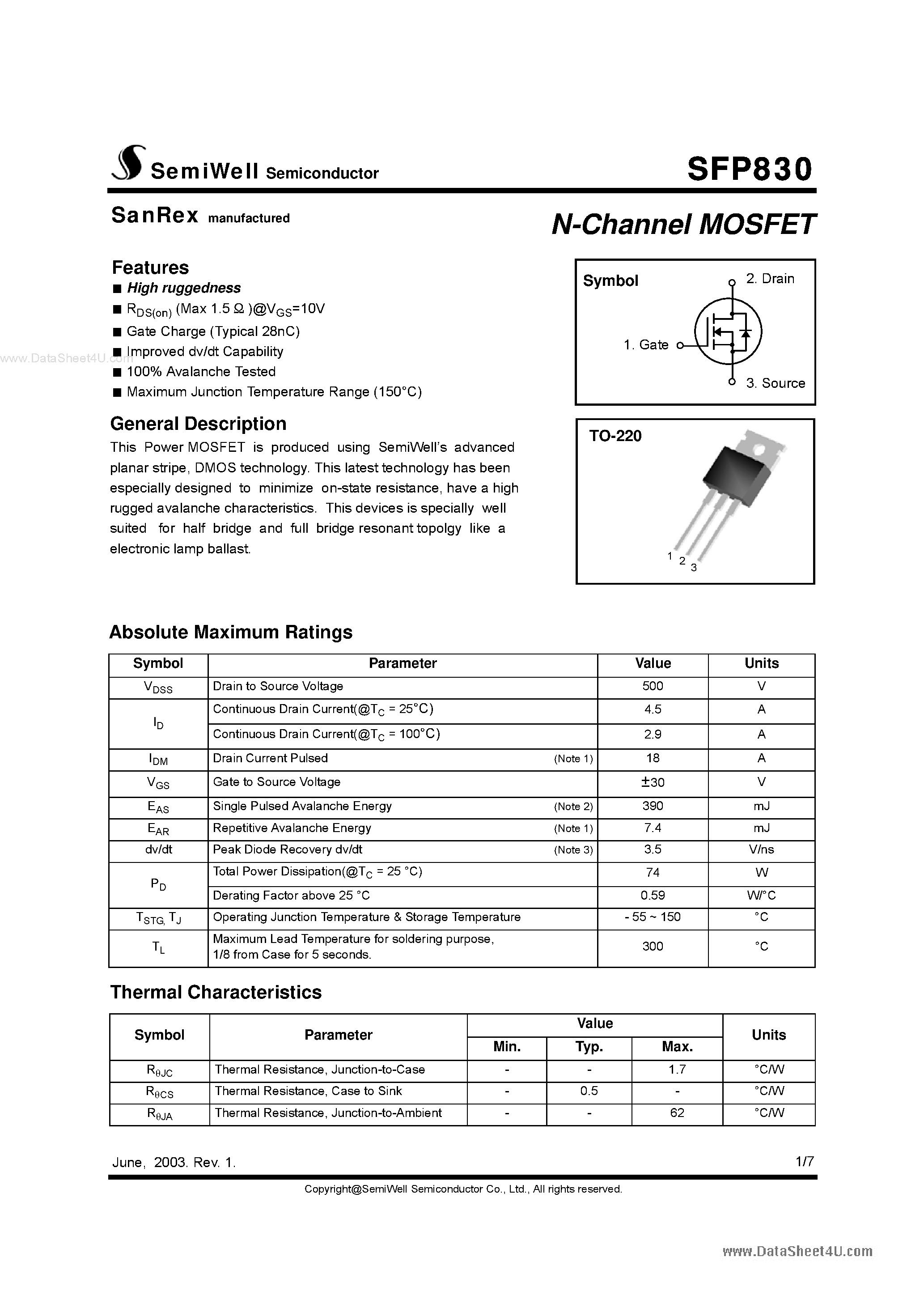 Datasheet SFP830 - N-Channel MOSFET page 1
