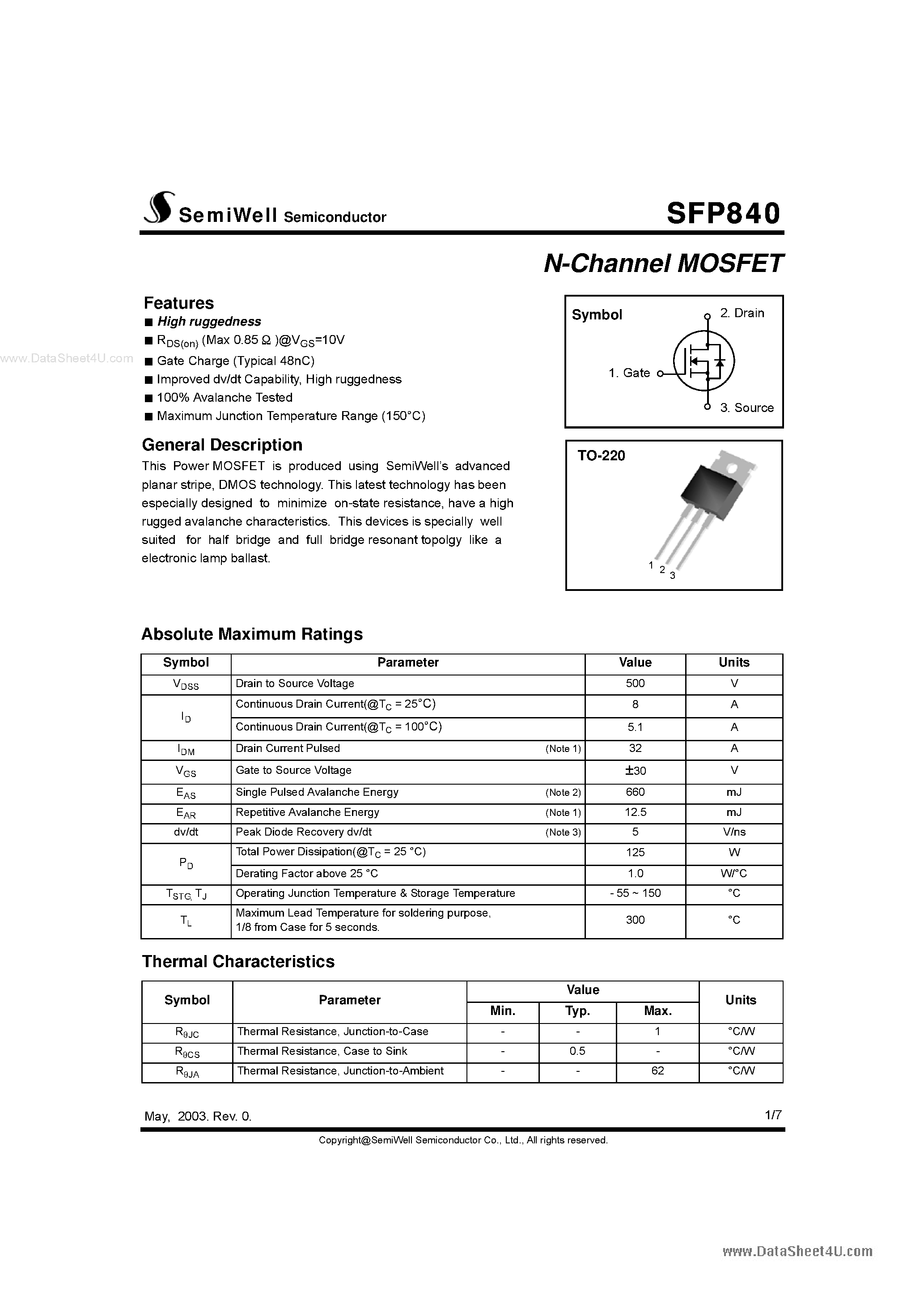 Даташит SFP840 - N-Channel MOSFET страница 1
