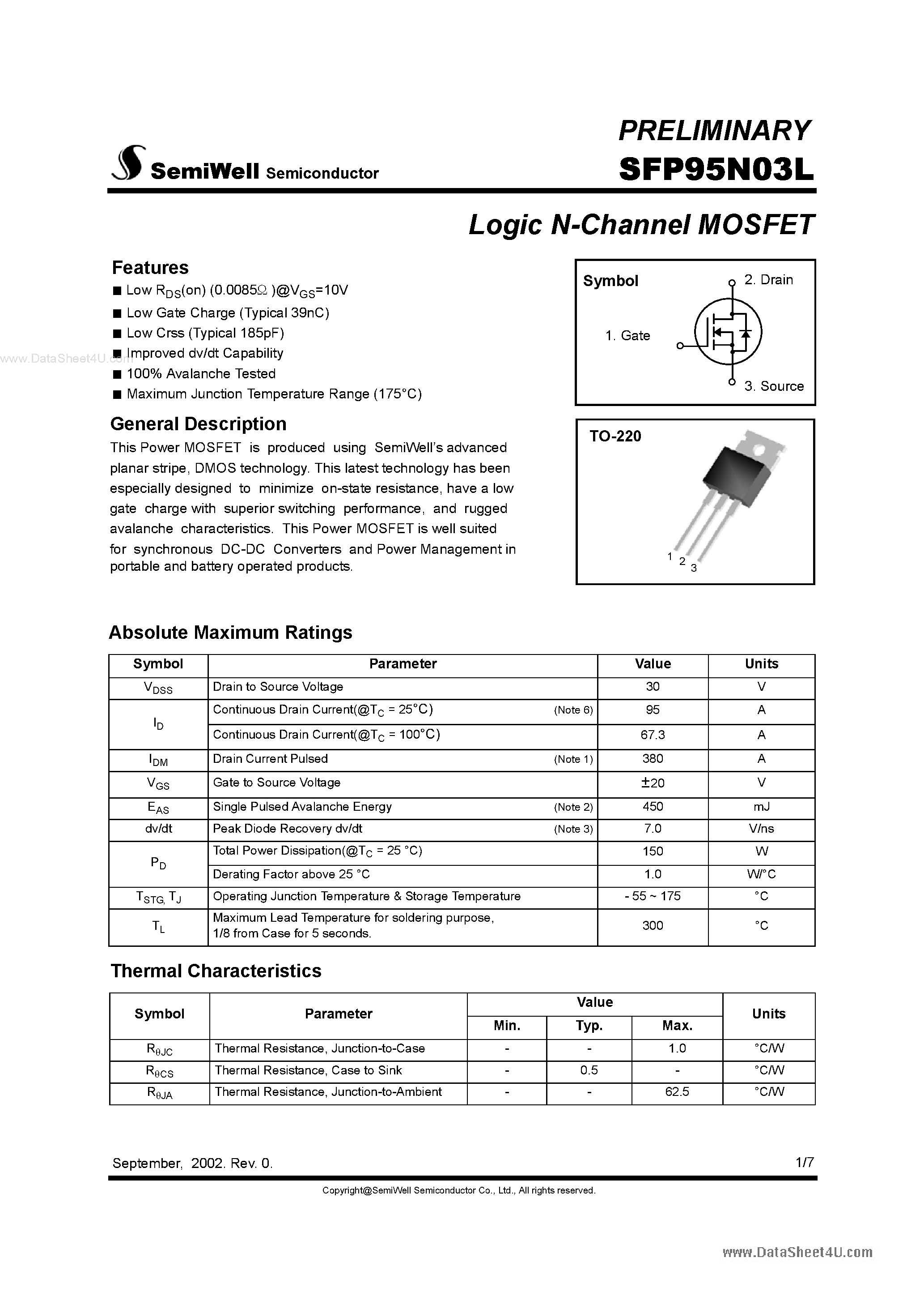 Даташит SFP95N03L - Logic N-Channel MOSFET страница 1