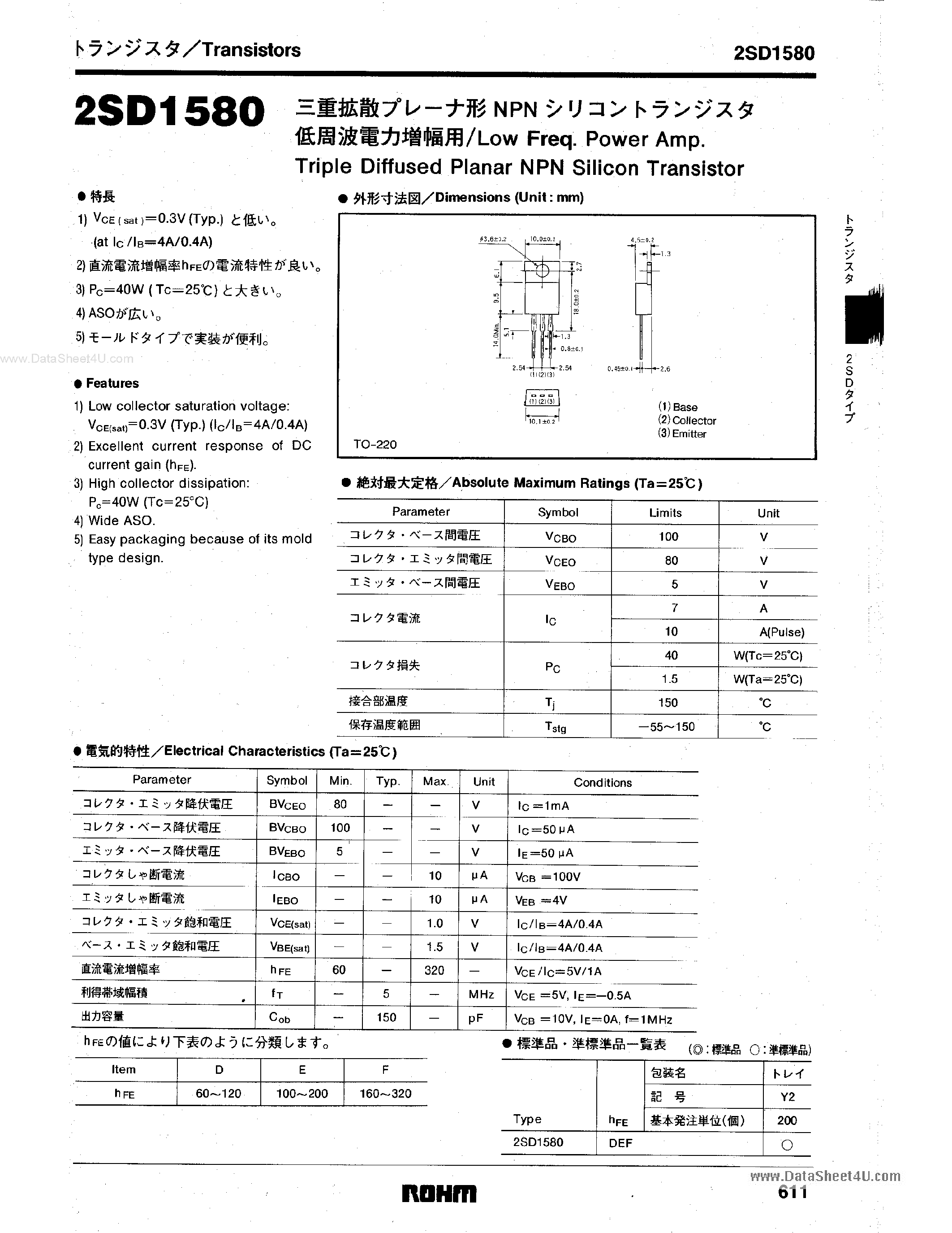 Datasheet 2SD1580 - Triple Diffused Planar NPN Silicon Transistor page 1
