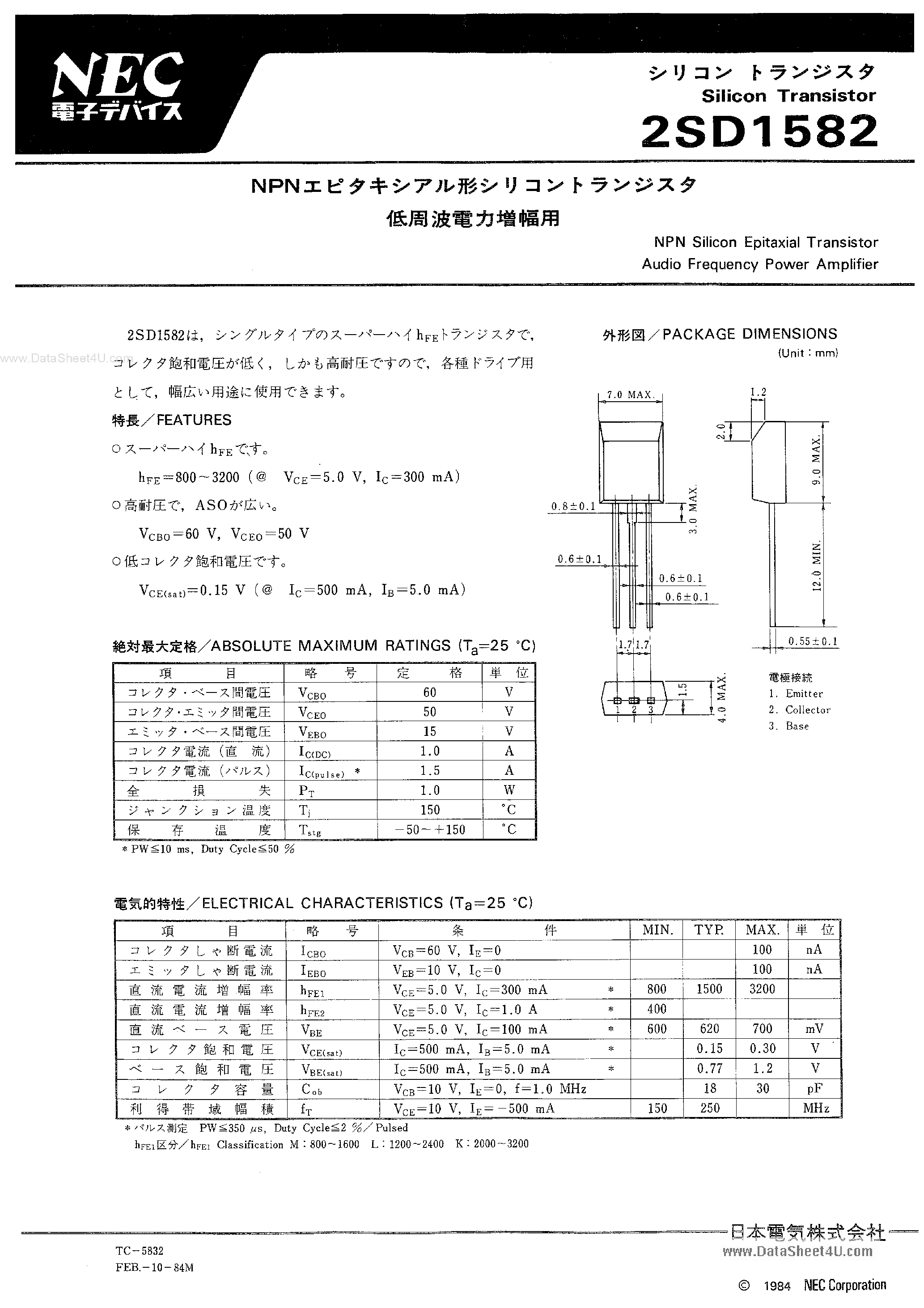 Datasheet 2SD1582 - Audio Frequnecy Power Amplifier page 1