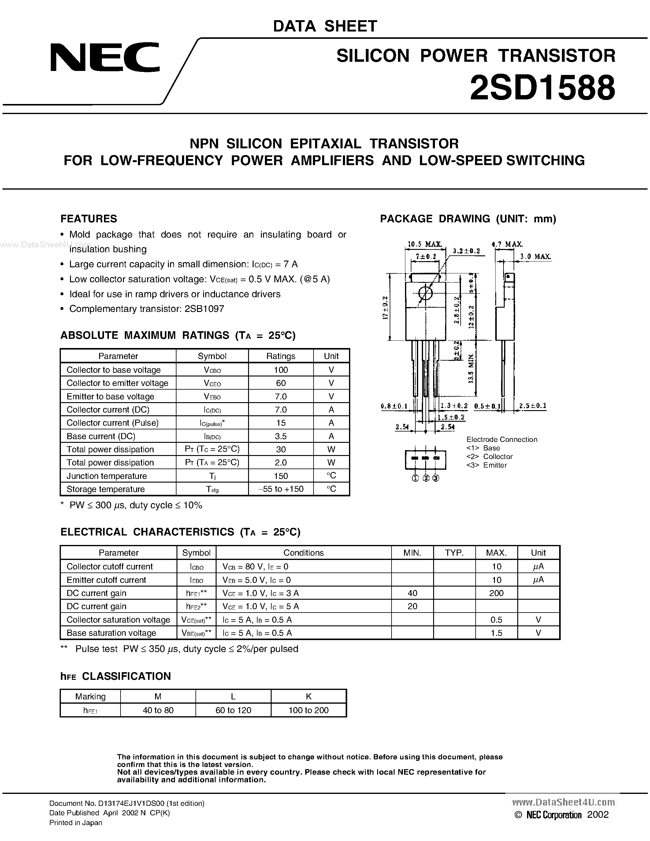 Datasheet 2SD1588 page 1 Datasheet 2SD1588 - NPN SILICON EPITAXIAL TRANSISTOR page 1
