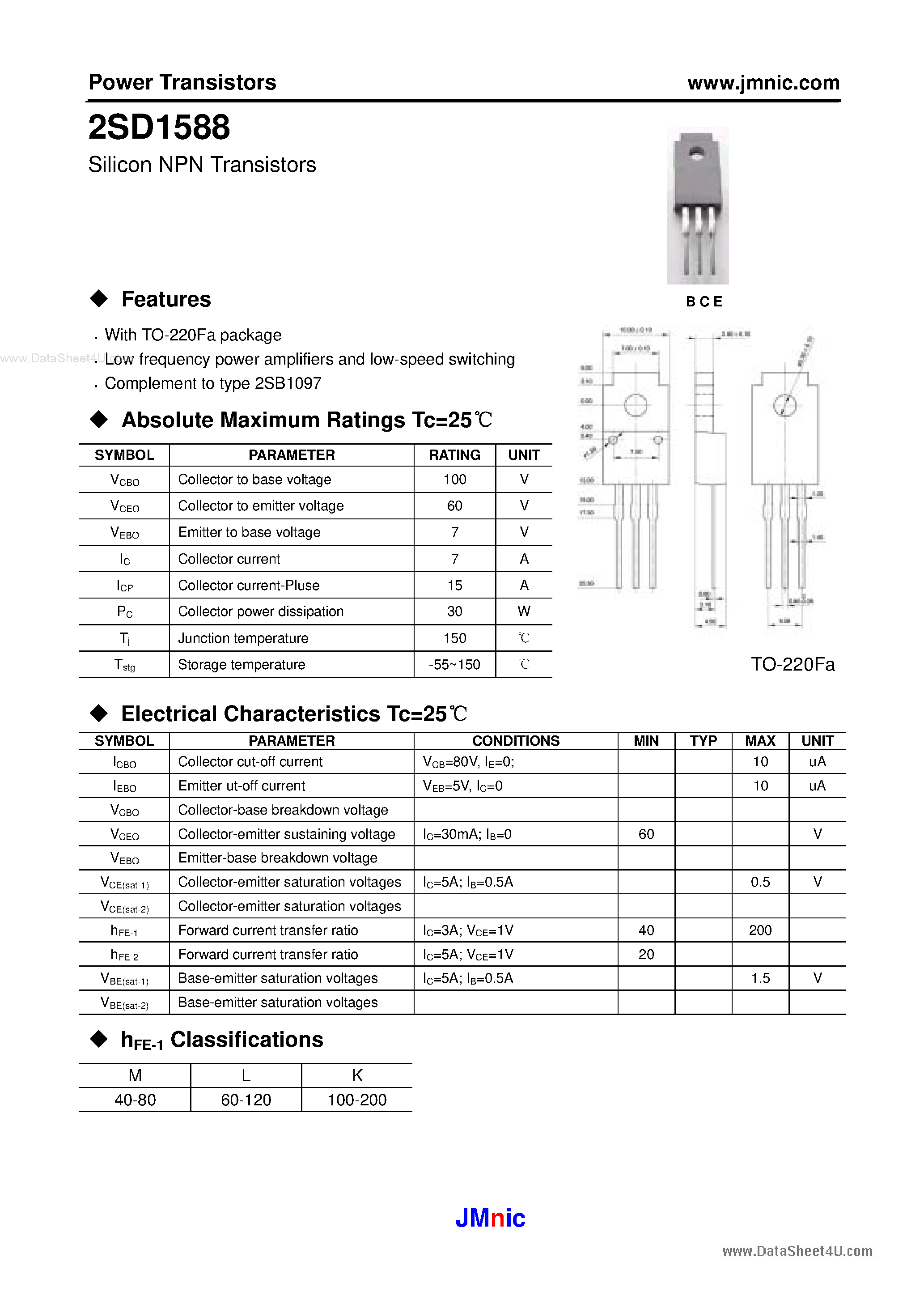 Datasheet 2SD1588 - Silicon NPN Transistors page 1