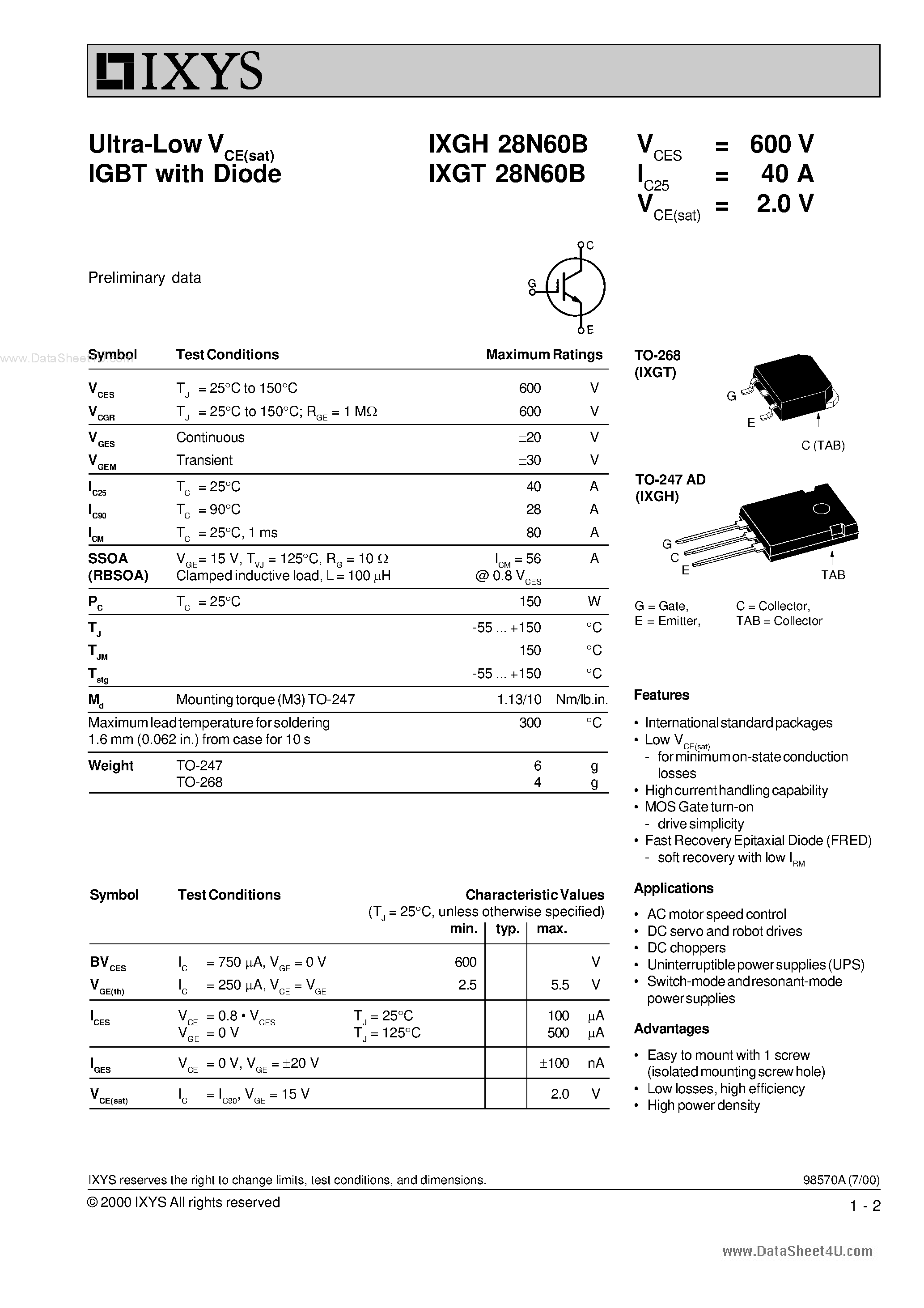 Datasheet IXGT28N60B - Ultra-low V Ce(sat) Igbt page 1