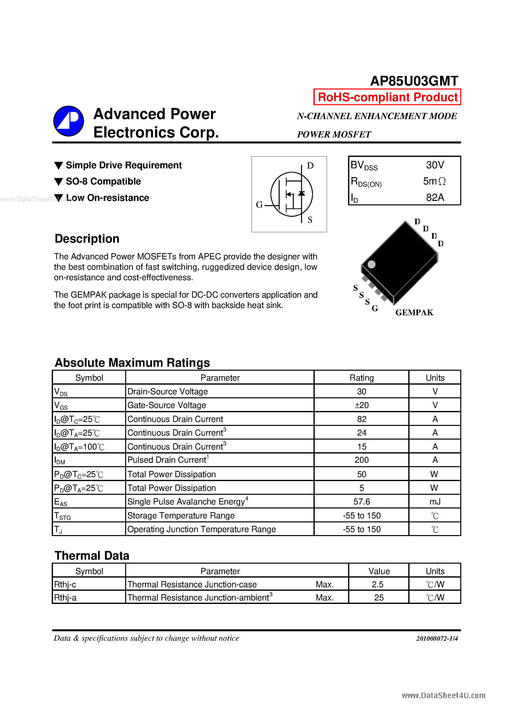 Datasheet AP85U03GMT - N-CHANNEL ENHANCEMENT MODE POWER MOSFET page 1