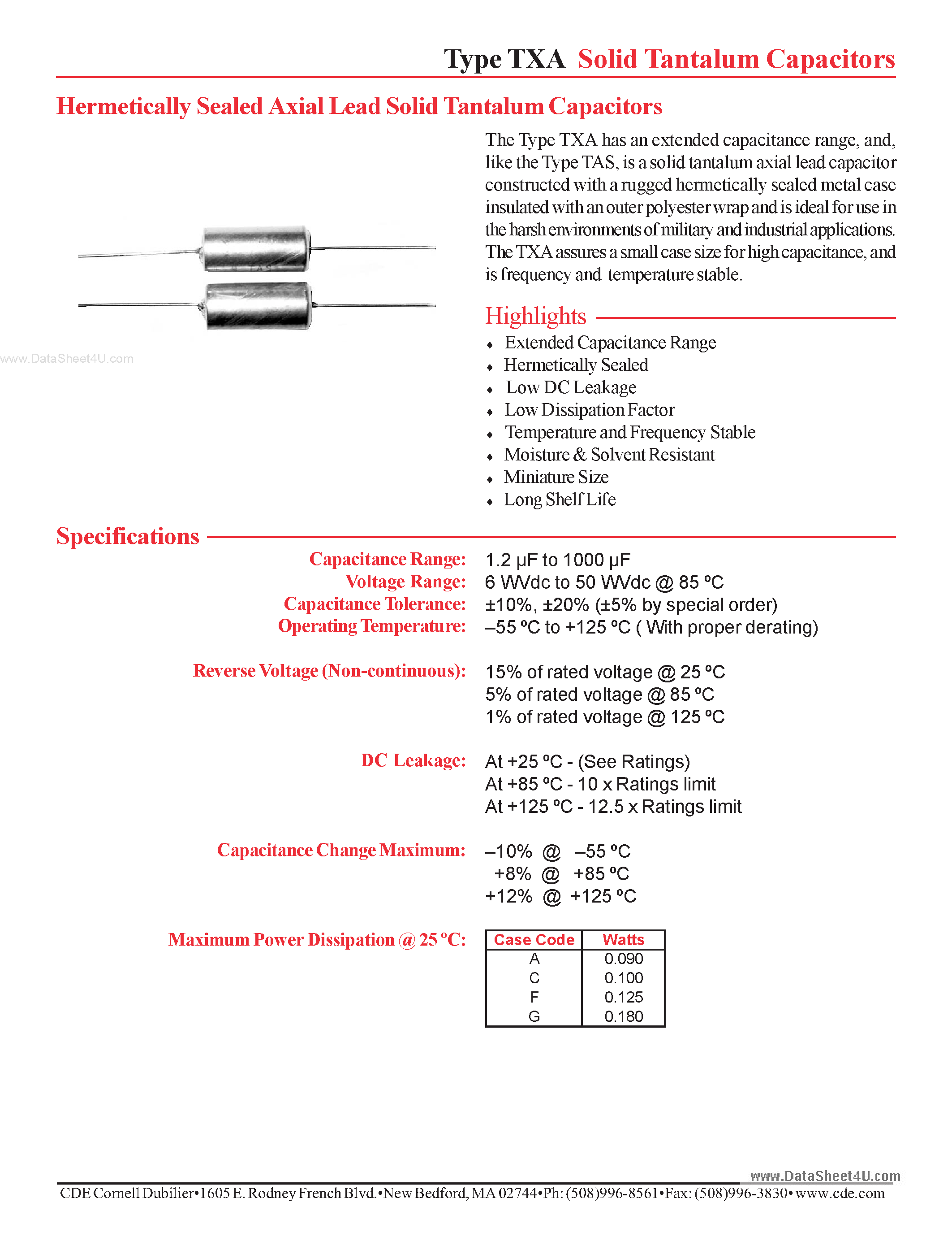 Datasheet TXAxxxx - Hermetically Sealed Axial Lead Solid Tantalum Capacitors page 1