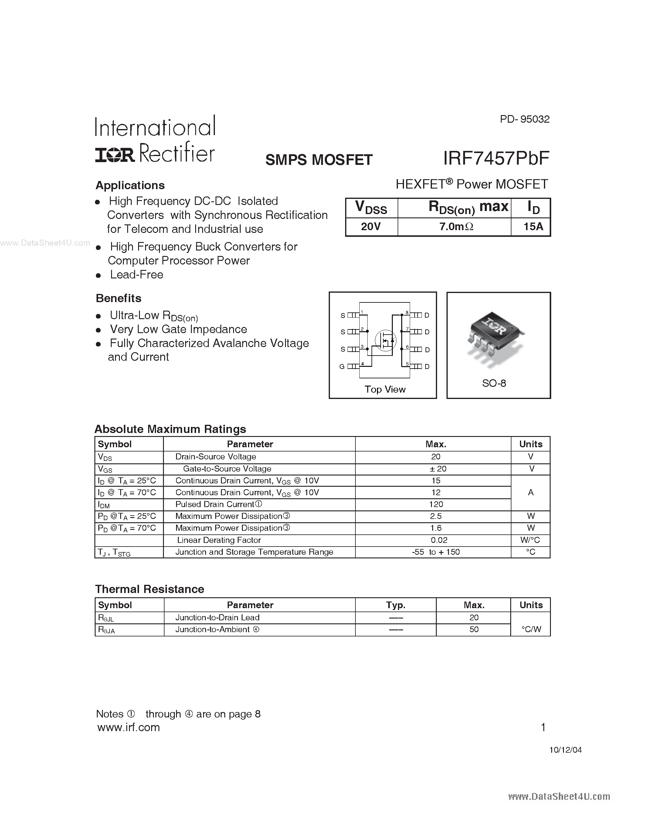Datasheet IRF7457PBF - HEXFET Power MOSFET page 1