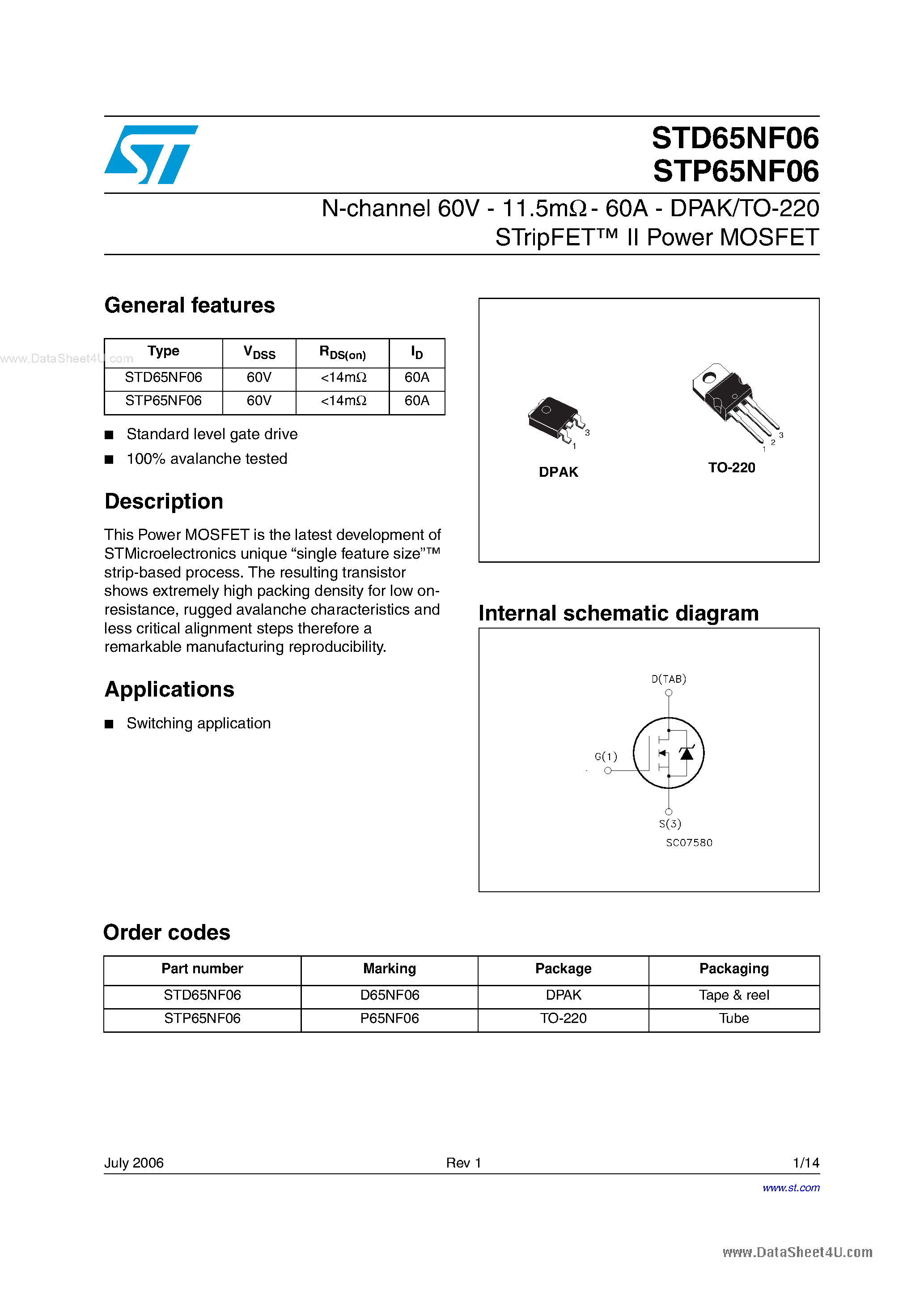 Datasheet STP65NF06 - N-channel Power MOSFET page 1
