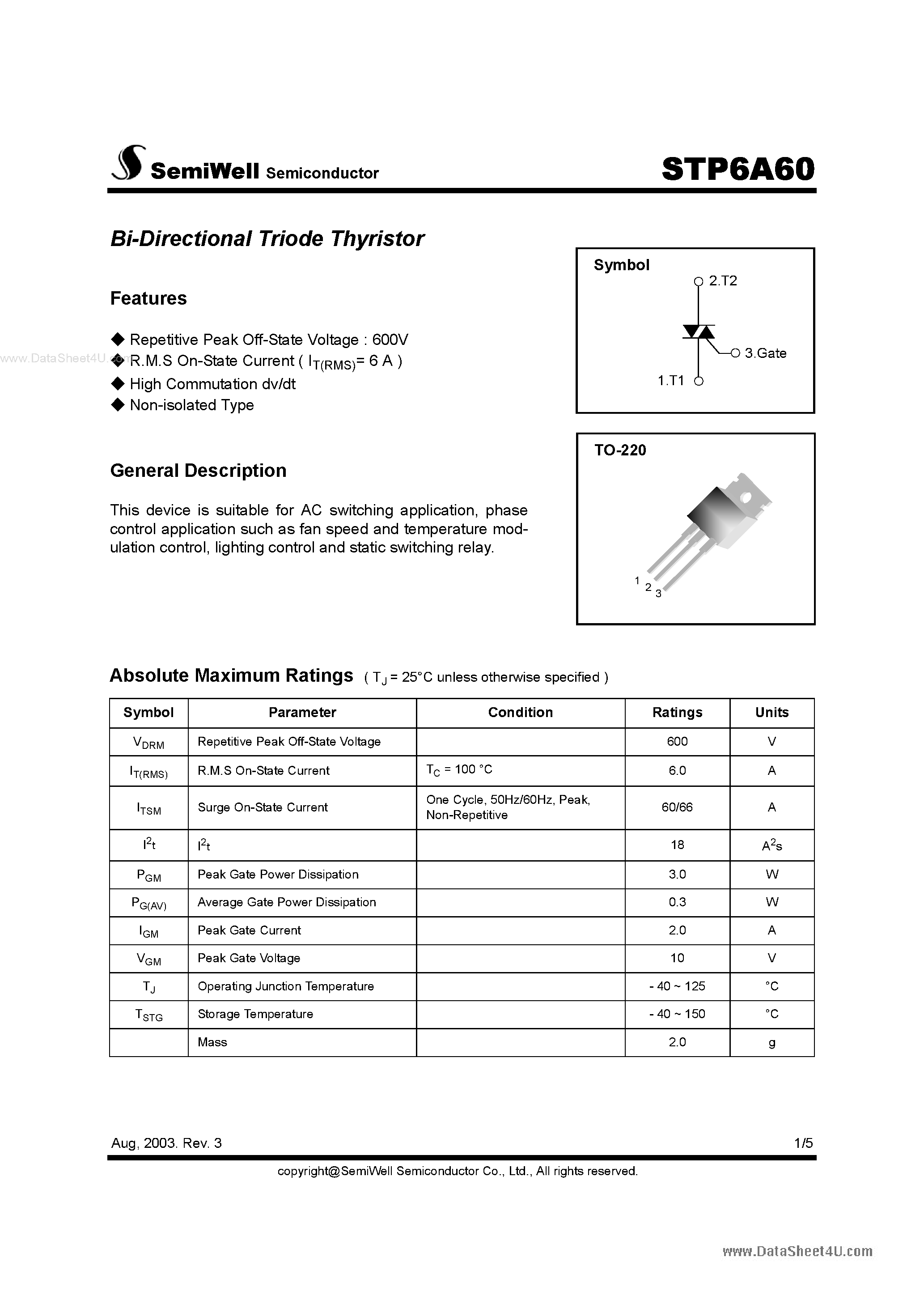 Datasheet STP6A60 - Bi-Directional Triode Thyristor page 1