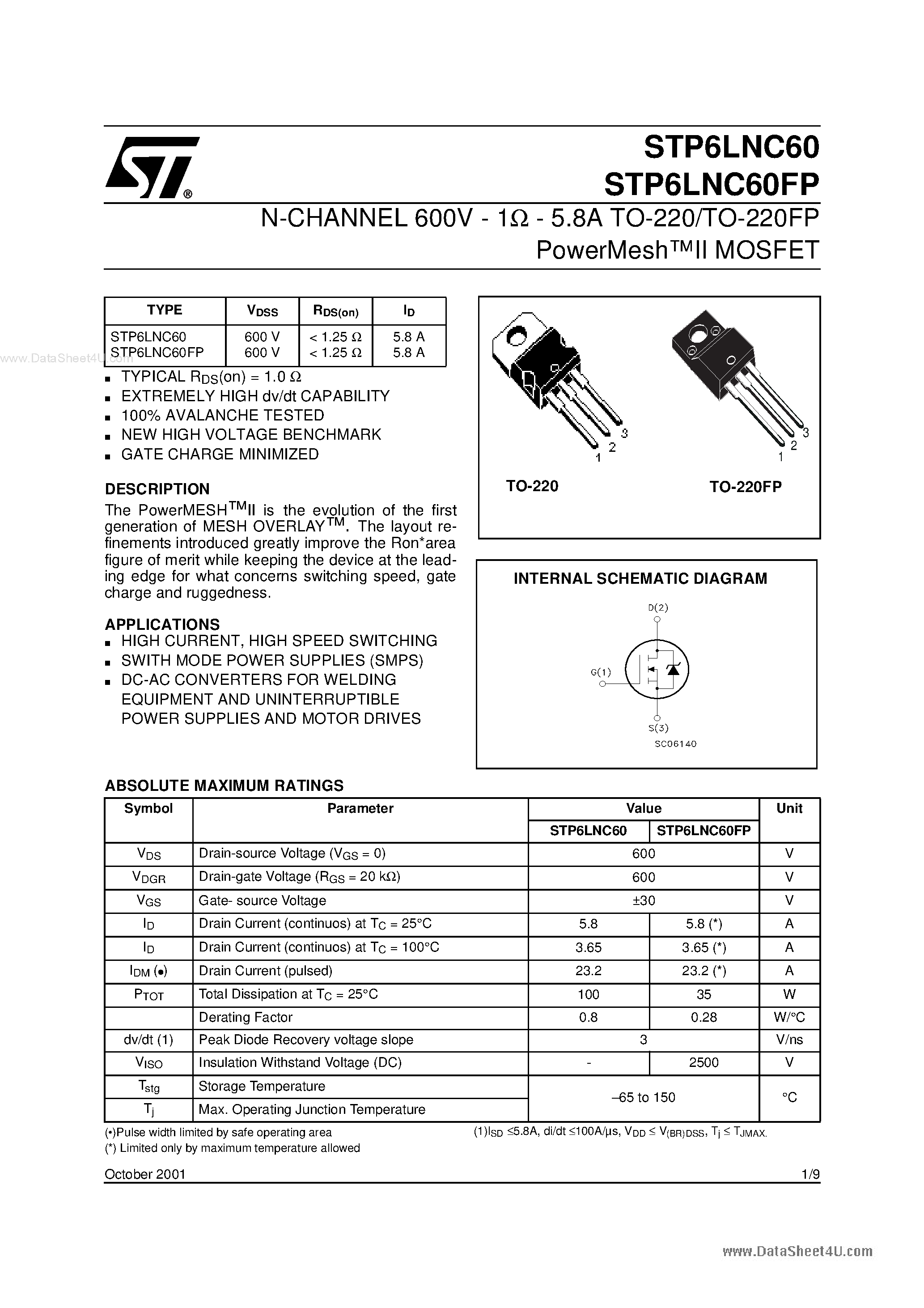 Datasheet STP6LNC60 page 1 Datasheet STP6LNC60 - N-CHANNEL MOSFET page 1
