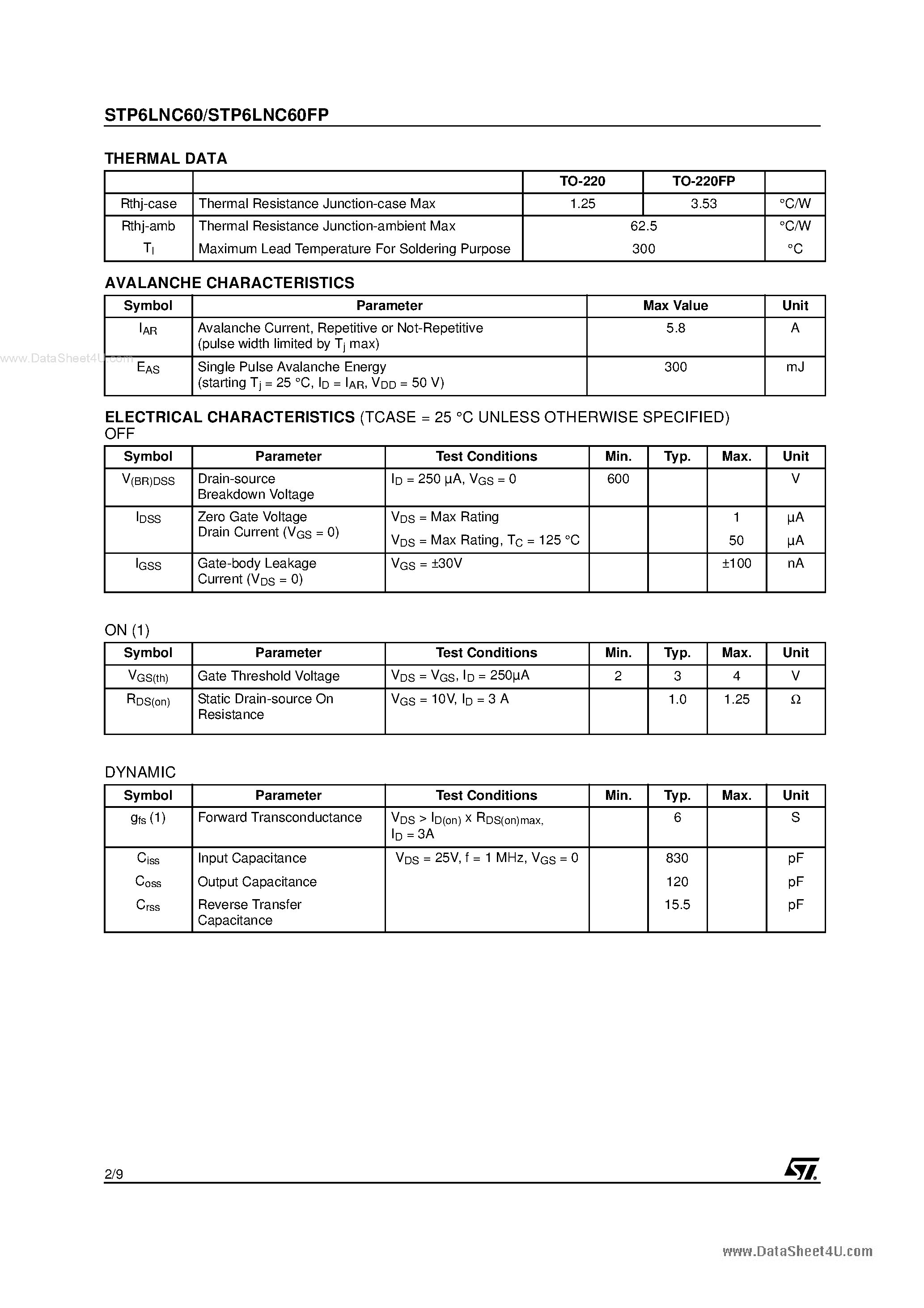 Datasheet STP6LNC60 page 2 Datasheet STP6LNC60 - N-CHANNEL MOSFET page 2