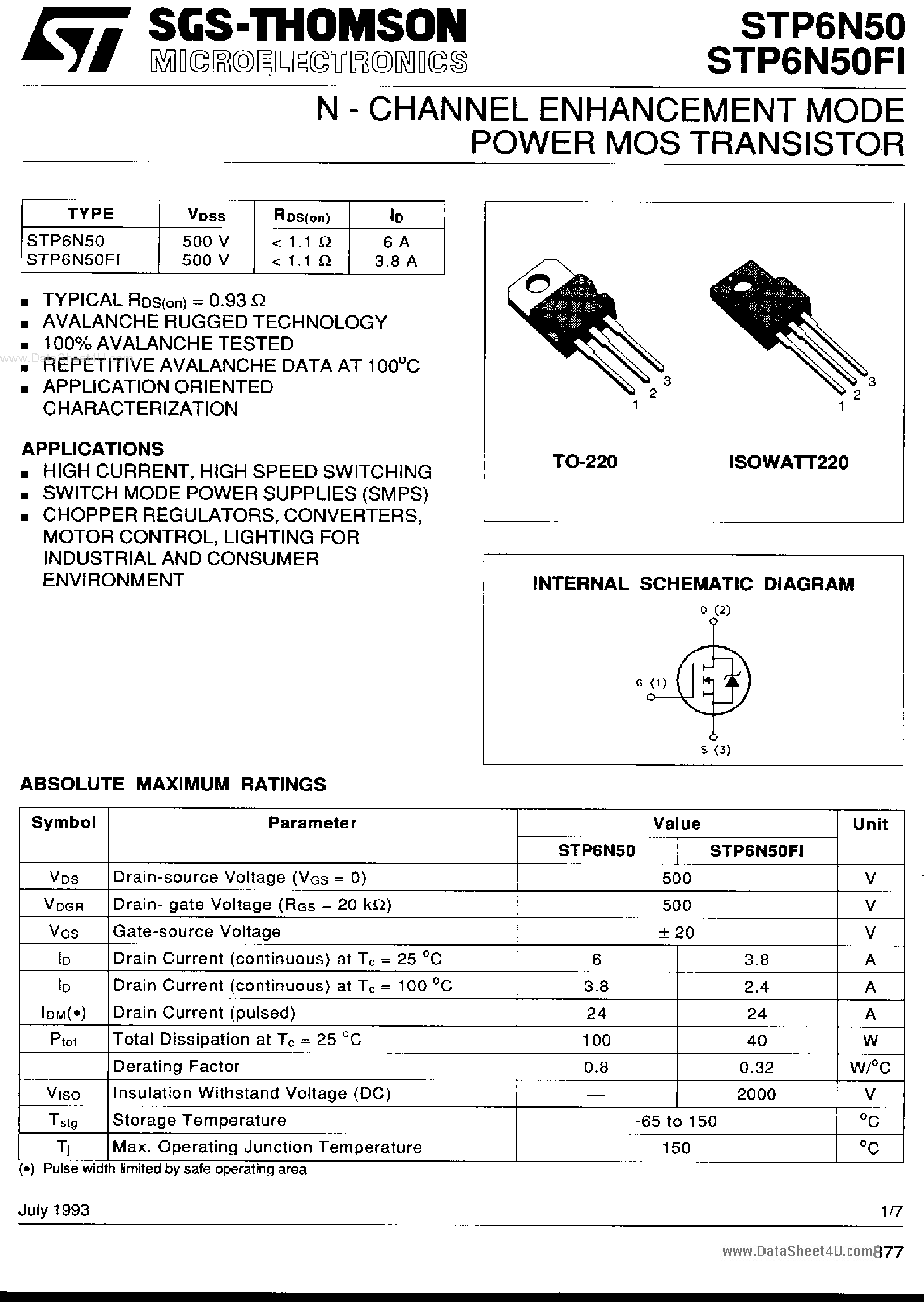 Datasheet STP6N50 - N-CHANNEL ENHANCEMENT MODE POWER MOS TRANSISTOR page 1