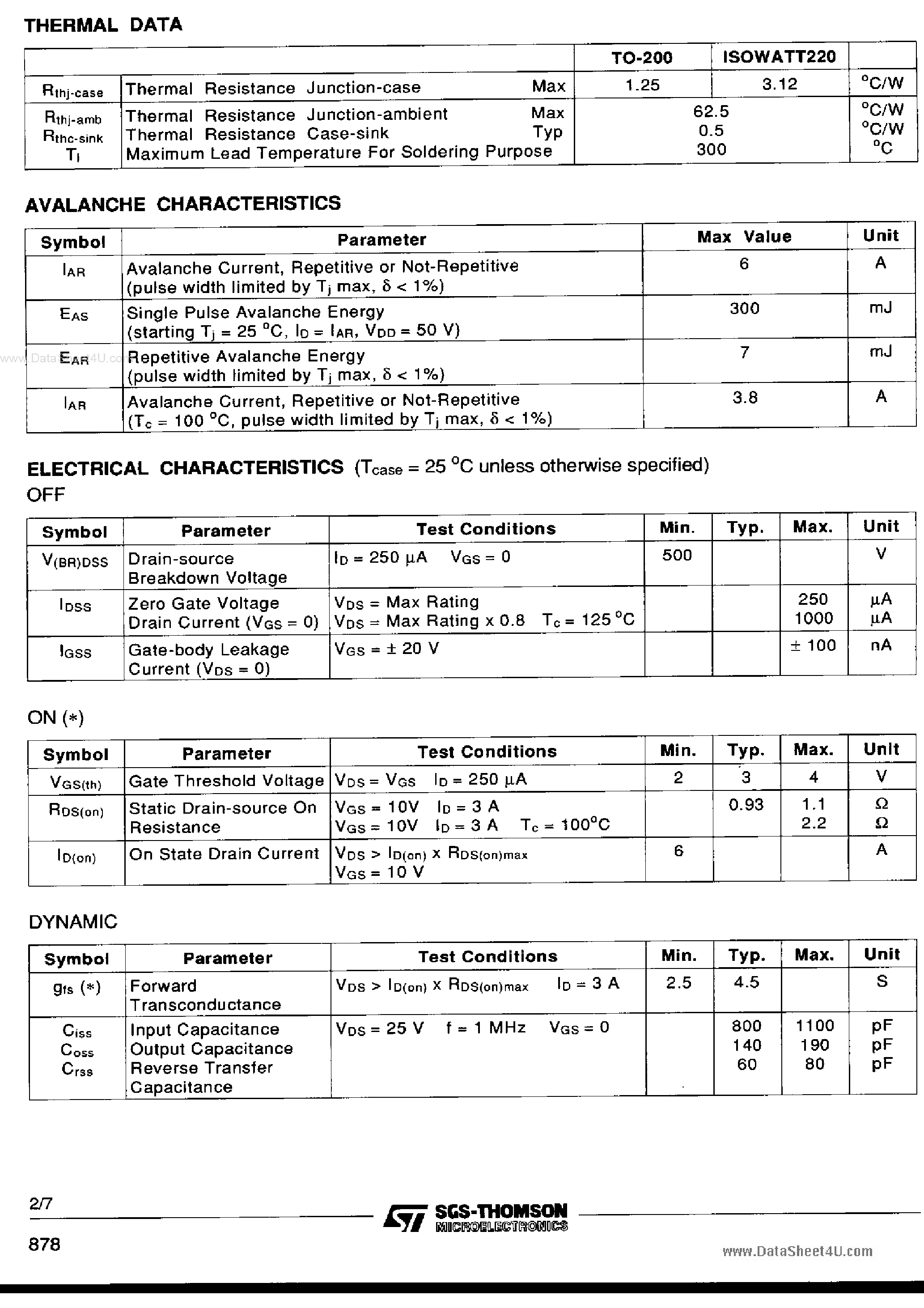 Datasheet STP6N50 - N-CHANNEL ENHANCEMENT MODE POWER MOS TRANSISTOR page 2