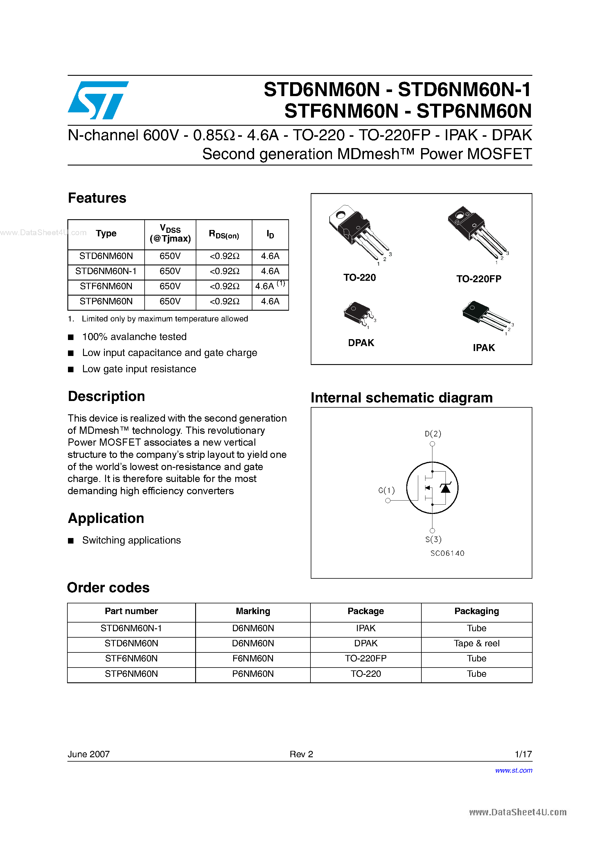 Datasheet STD6NM60N - N-channel Power MOSFET page 1