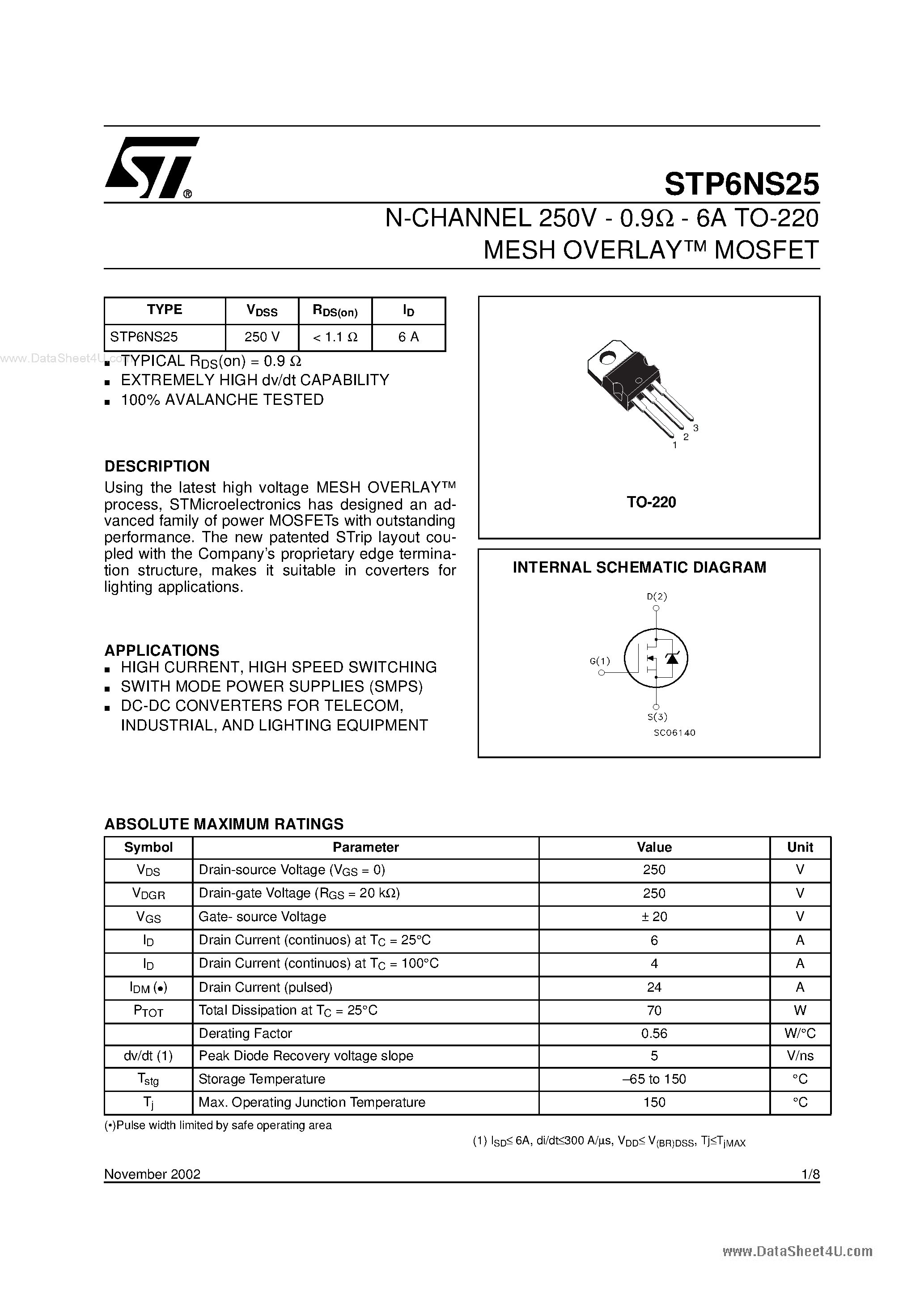 Даташит на микросхему STP6NS25 страница 1 Даташит STP6NS25 - N-CHANNEL MOSFET страница 1