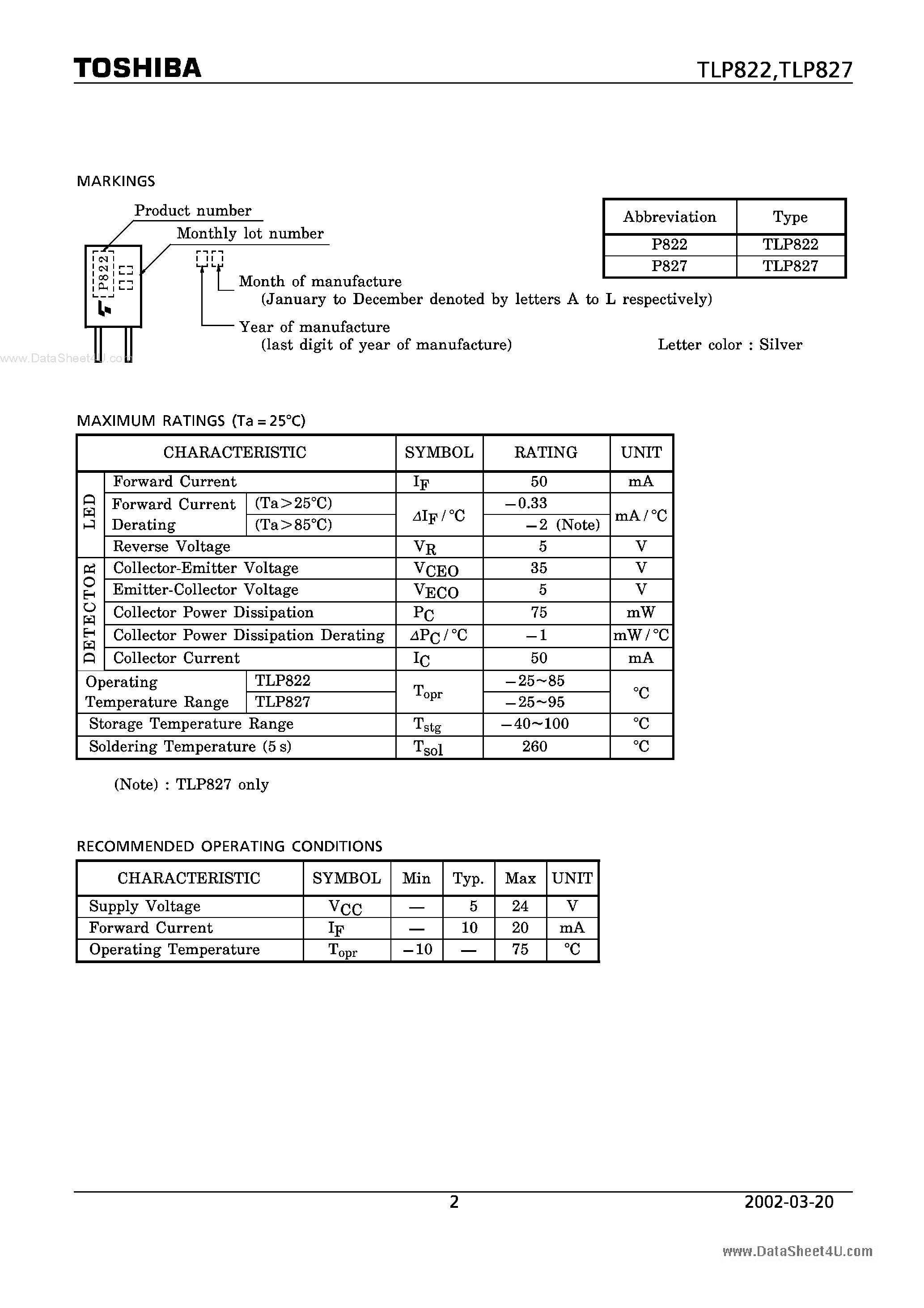 Datasheet TLP822 page 2 Datasheet TLP822 - (TLP822 / TLP827) PHOTO INTERRUPTER INFRARED LED PHOTOTRANSISTOR page 2