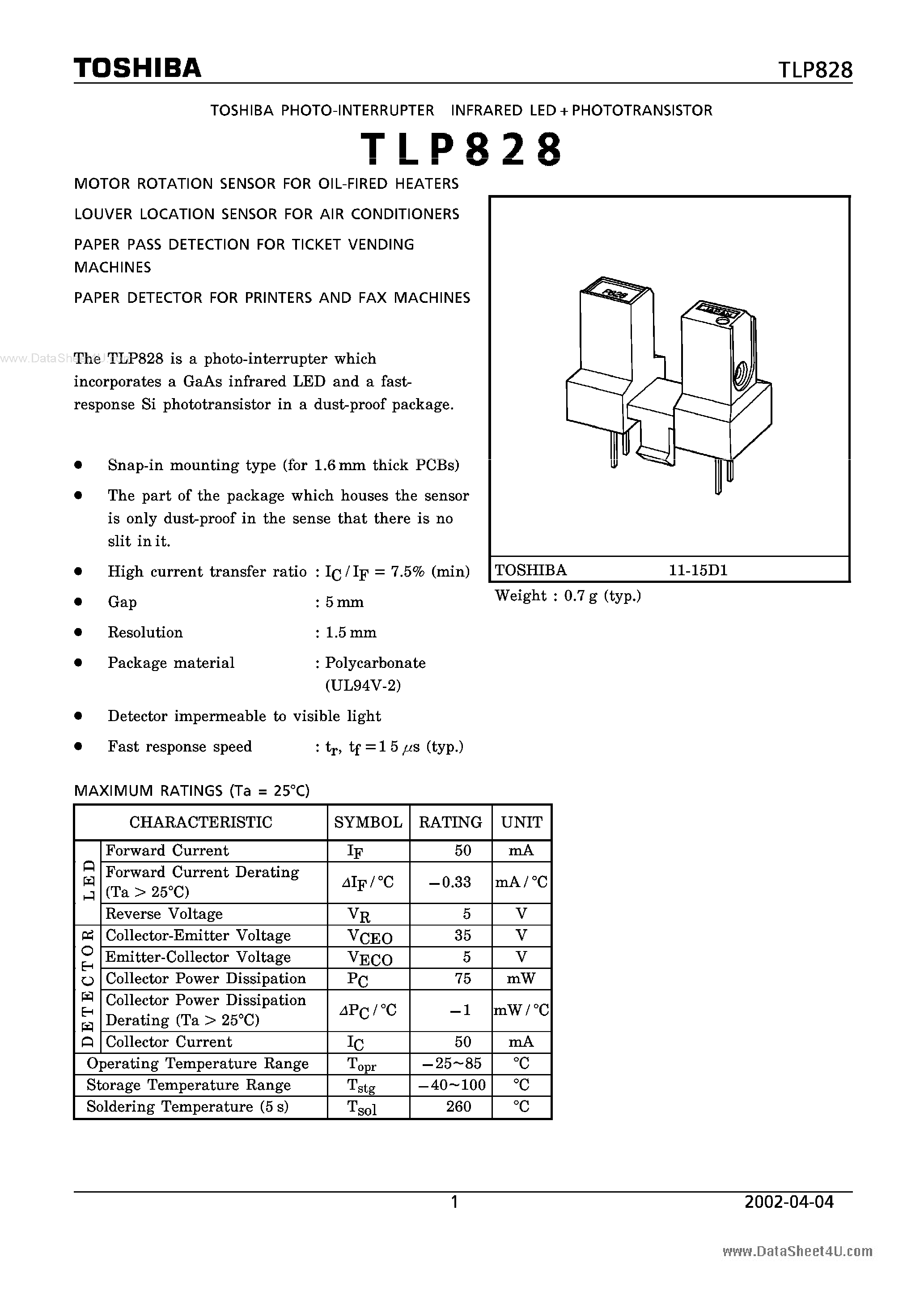 Datasheet TLP828 - PHOTO INTERRUPTER INFRARED LED PHOTOTRANSISTOR page 1