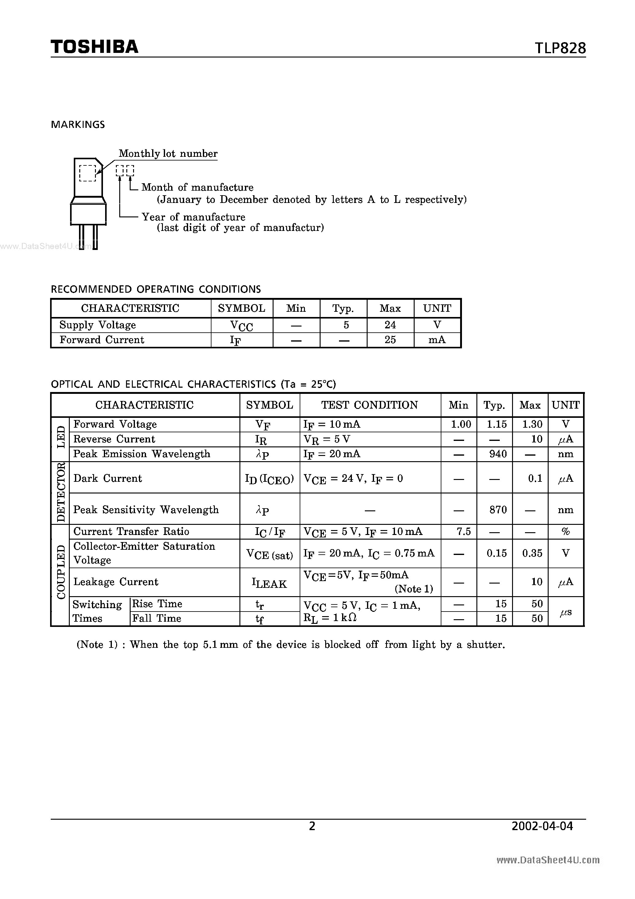 Datasheet TLP828 - PHOTO INTERRUPTER INFRARED LED PHOTOTRANSISTOR page 2