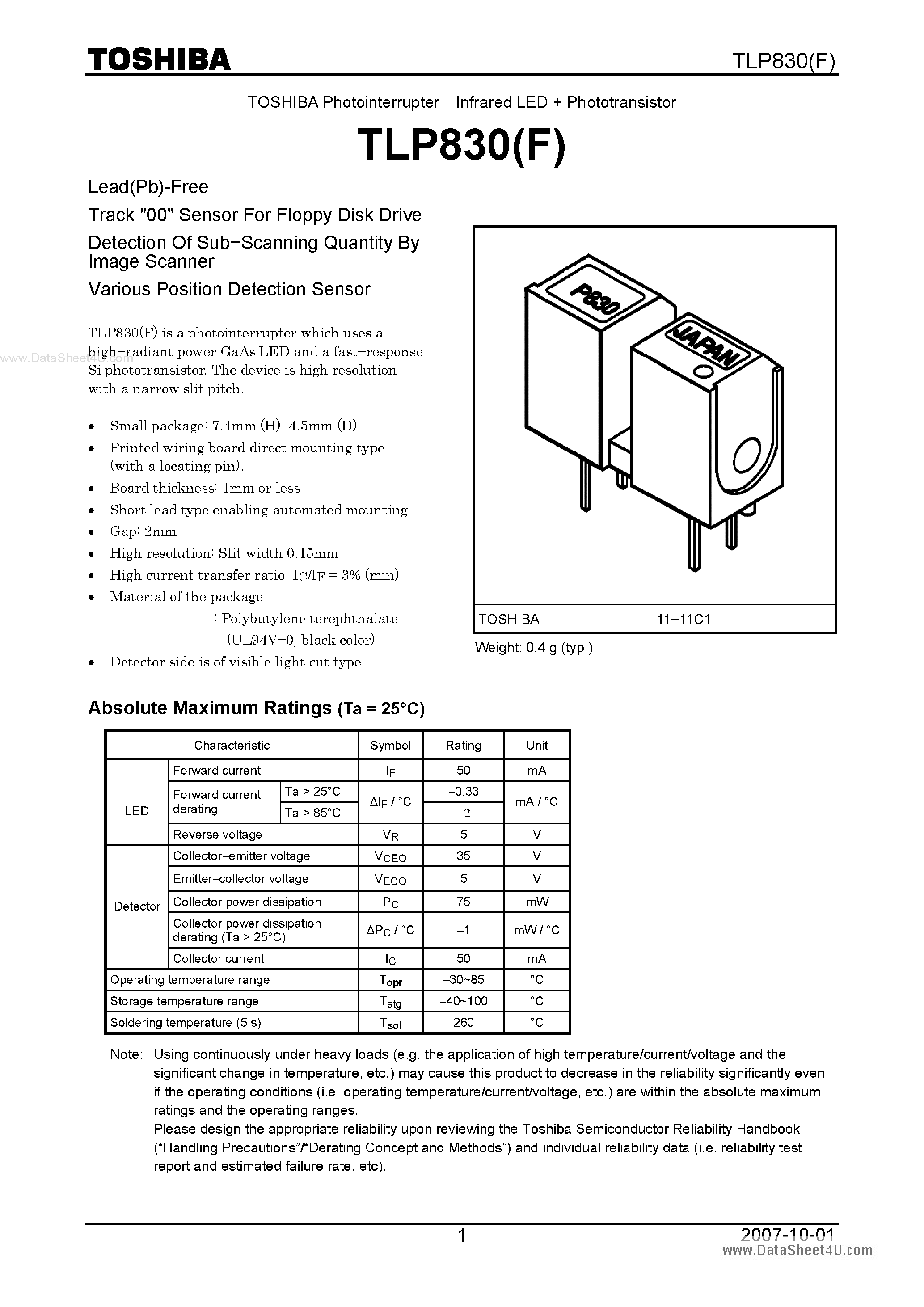 Datasheet TLP830F - PHOTO INTERRUPTER INFRARED LED PHOTOTRANSISTOR page 1