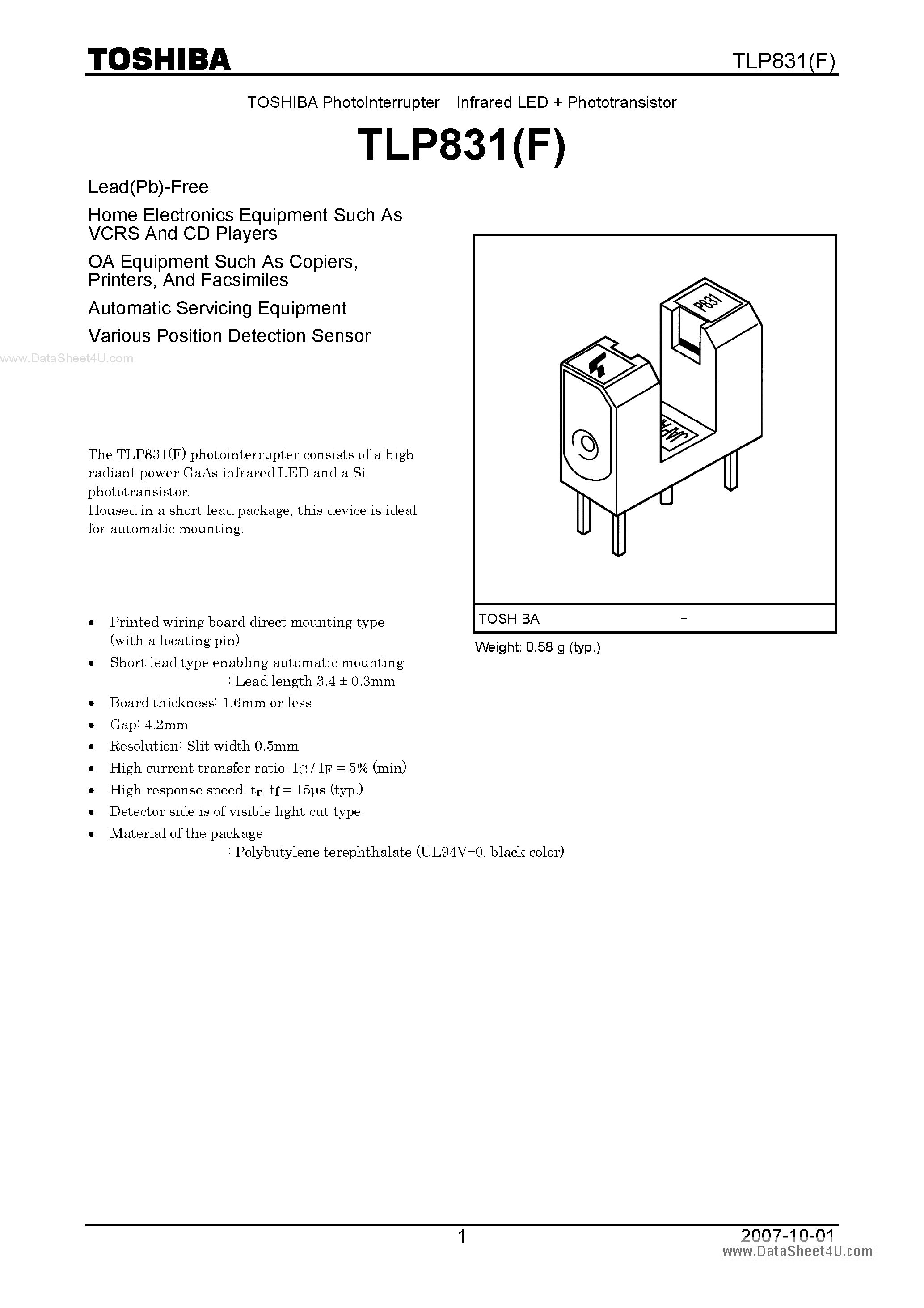 Datasheet TLP831F page 1 Datasheet TLP831F - PHOTO INTERRUPTER INFRARED LED PHOTOTRANSISTOR page 1
