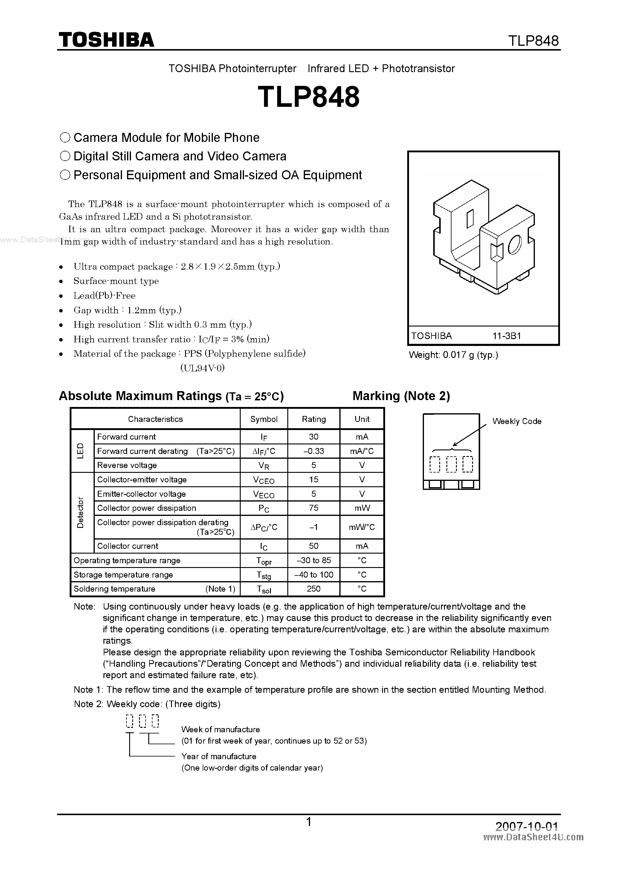 Datasheet TLP848 - PHOTO INTERRUPTER INFRARED LED PHOTOTRANSISTOR page 1
