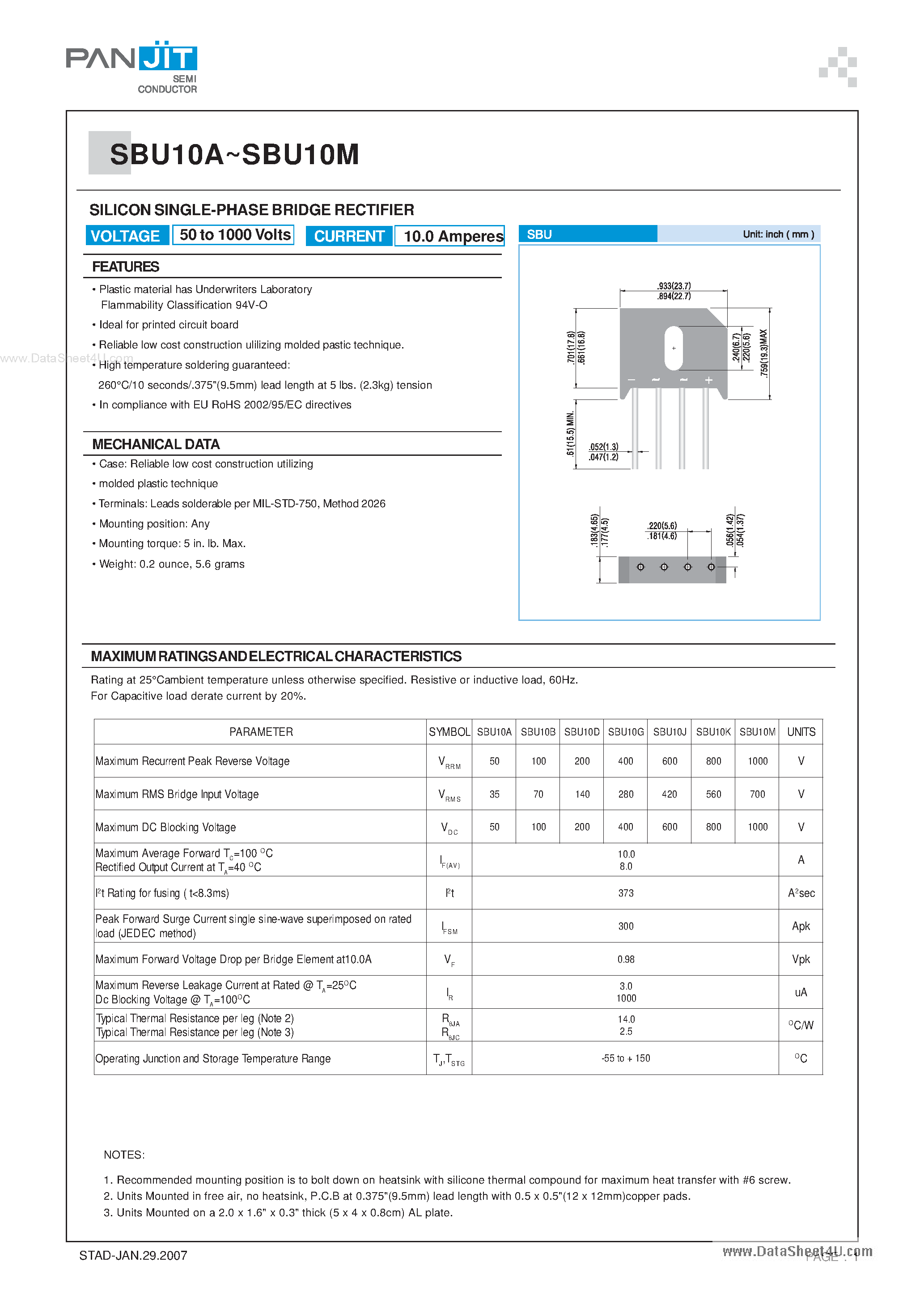Datasheet SBU10A page 1 Datasheet SBU10A - (SBU10x) SILICON SINGLE-PHASE BRIDGE RECTIFIER page 1