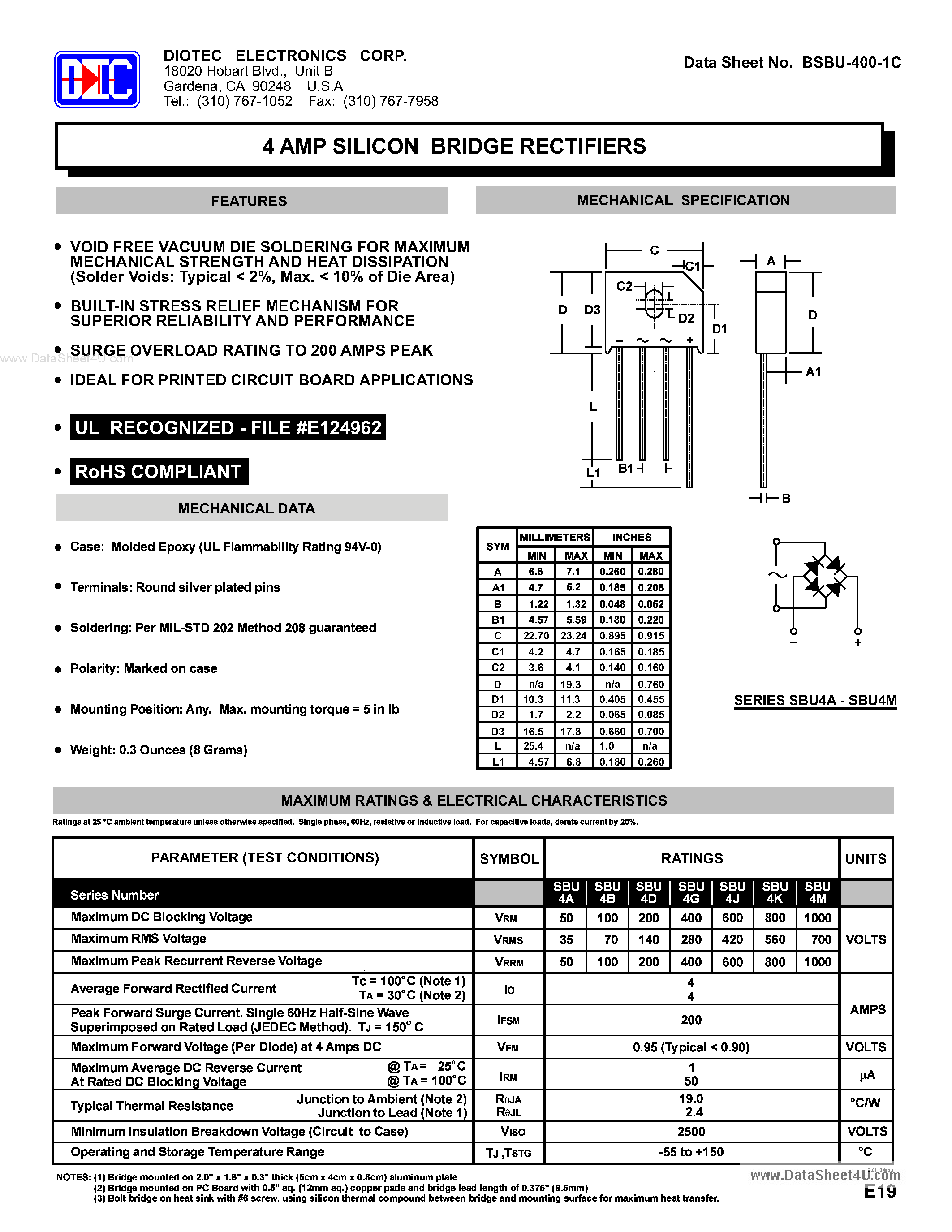 Datasheet SBU4A - (SBU4x) 4 AMP SILICON BRIDGE RECTIFIERS page 1