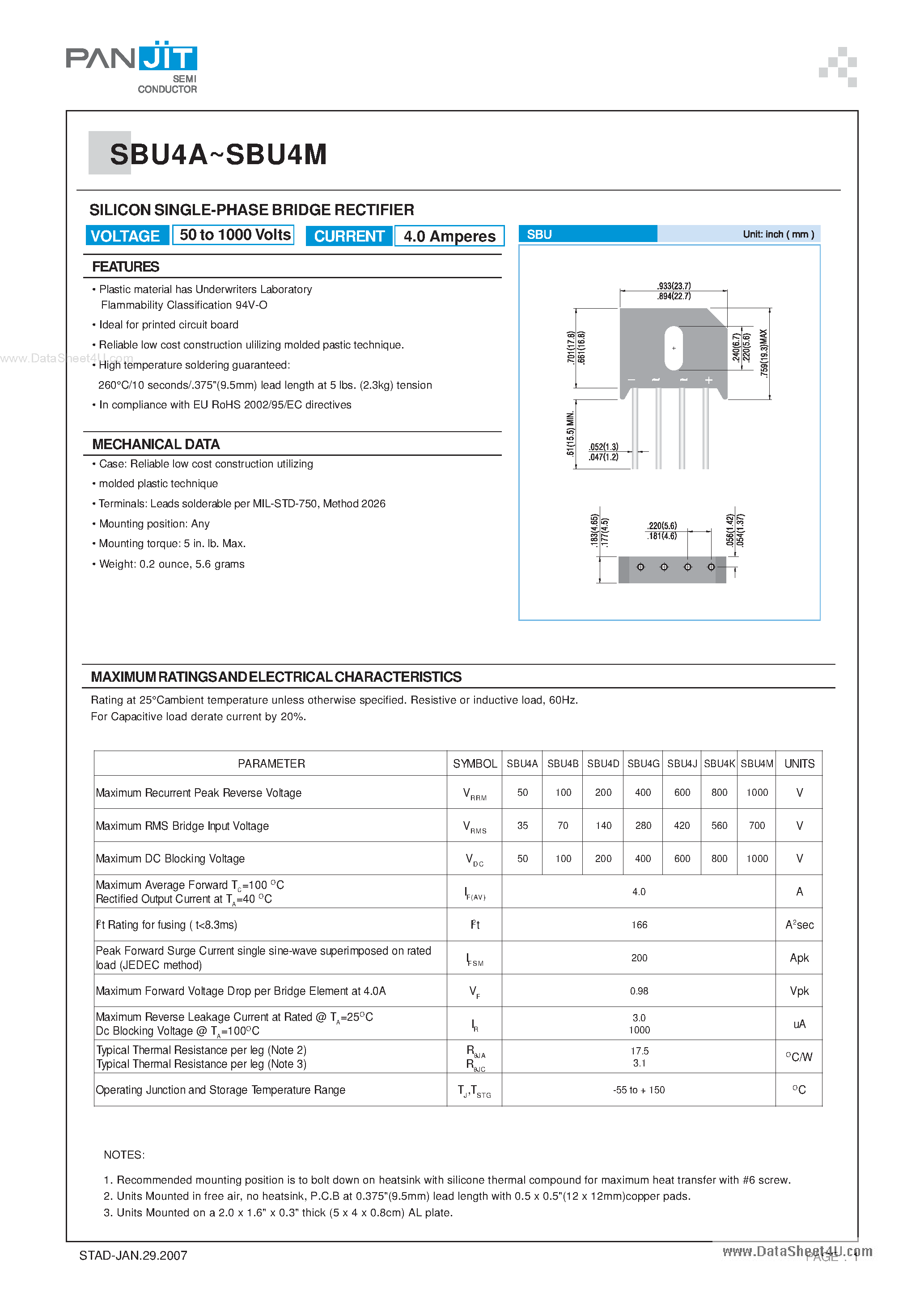 Datasheet SBU4B - (SBU4x) SILICON SINGLE-PHASE BRIDGE RECTIFIER page 1