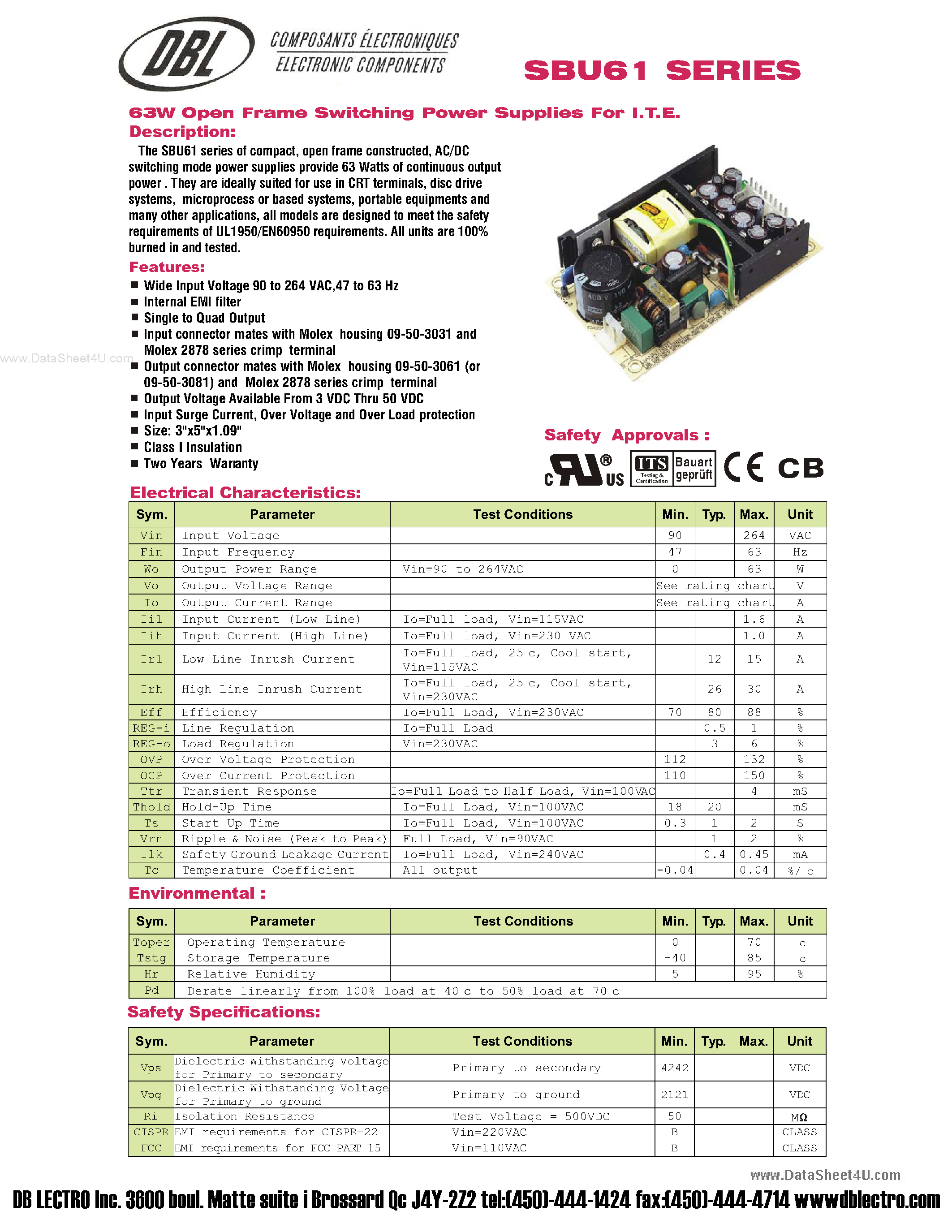 Datasheet SBU61 - 63W Open Frame Switching Power Supplies page 1