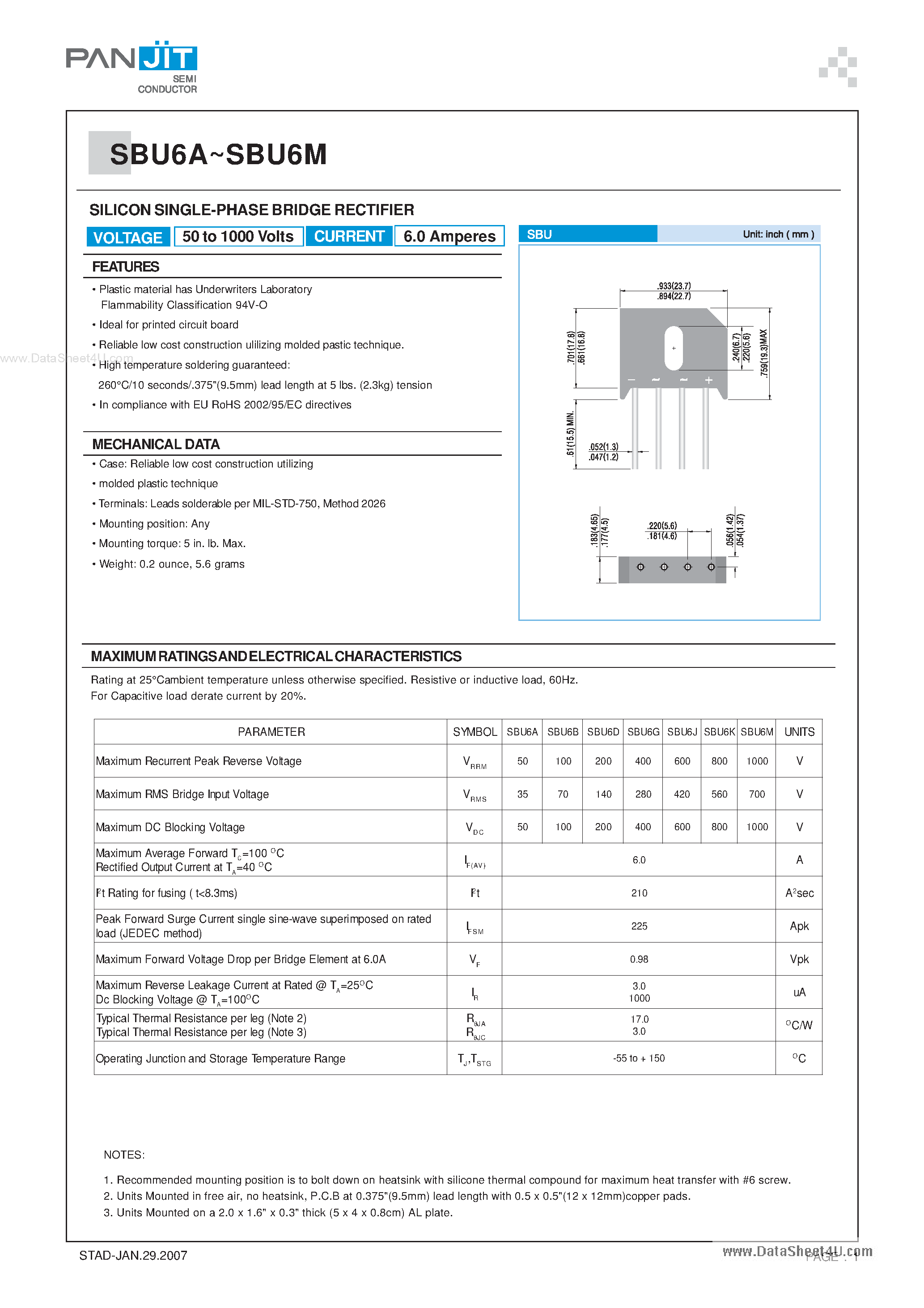 Datasheet SBU6A - (SBU6x) SILICON SINGLE-PHASE BRIDGE RECTIFIER page 1