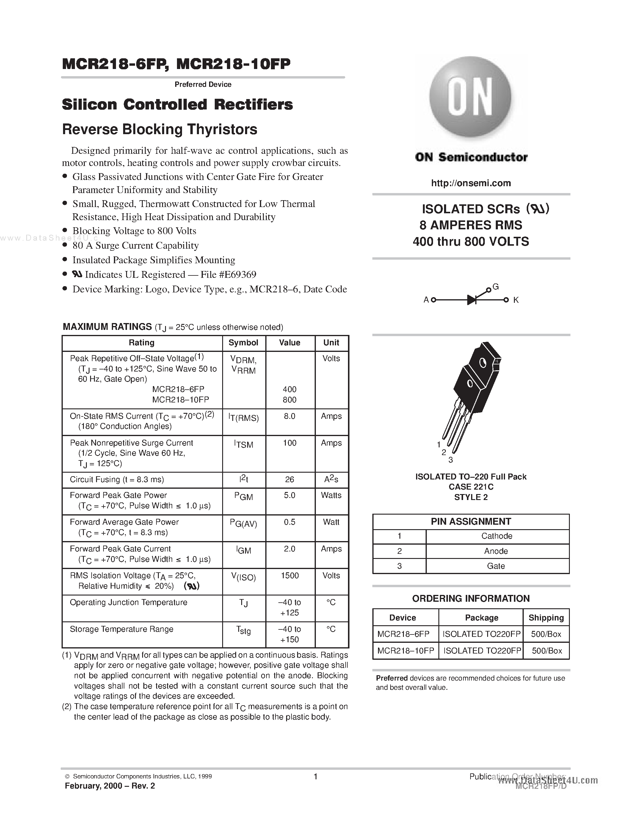Datasheet MCR218-10FP - Silicon Controlled Rectifier page 1