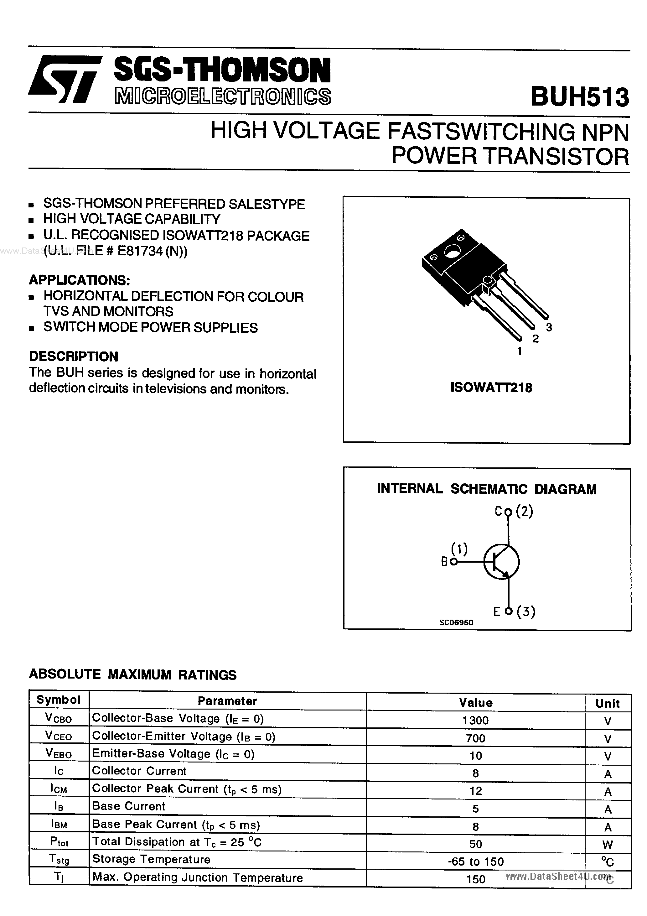 Даташит на микросхему BUH513 страница 1 Даташит BUH513 - High Voltage Fast Switching NPN Power Transistor страница 1