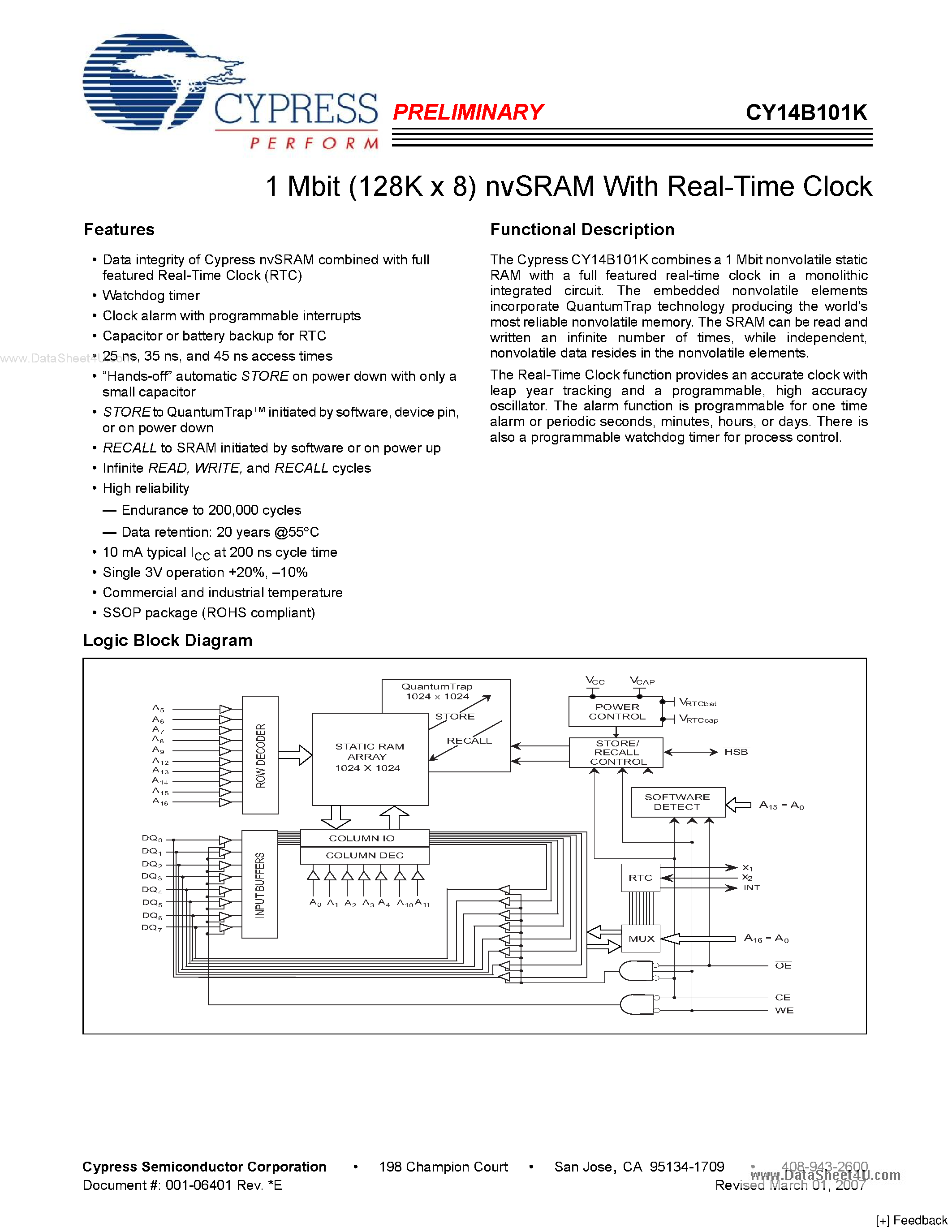 Datasheet CY14B101K - 1 Mbit (128K x 8) nvSRAM page 1