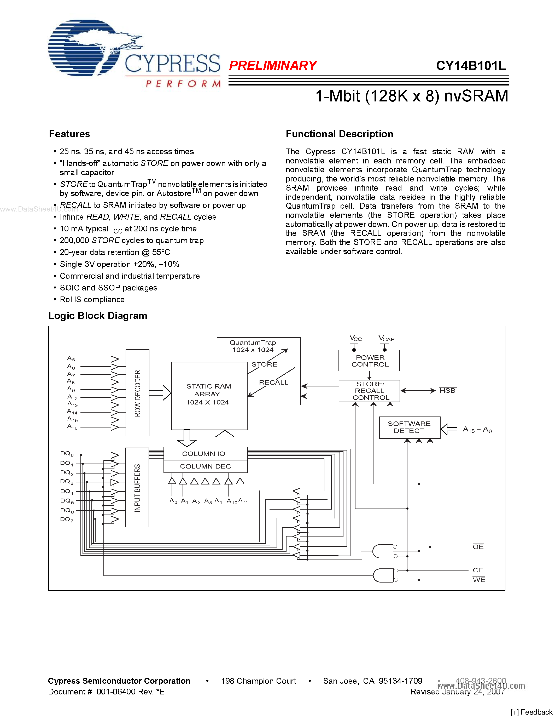 Datasheet CY14B101L - 1-Mbit (128K x 8) nvSRAM page 1