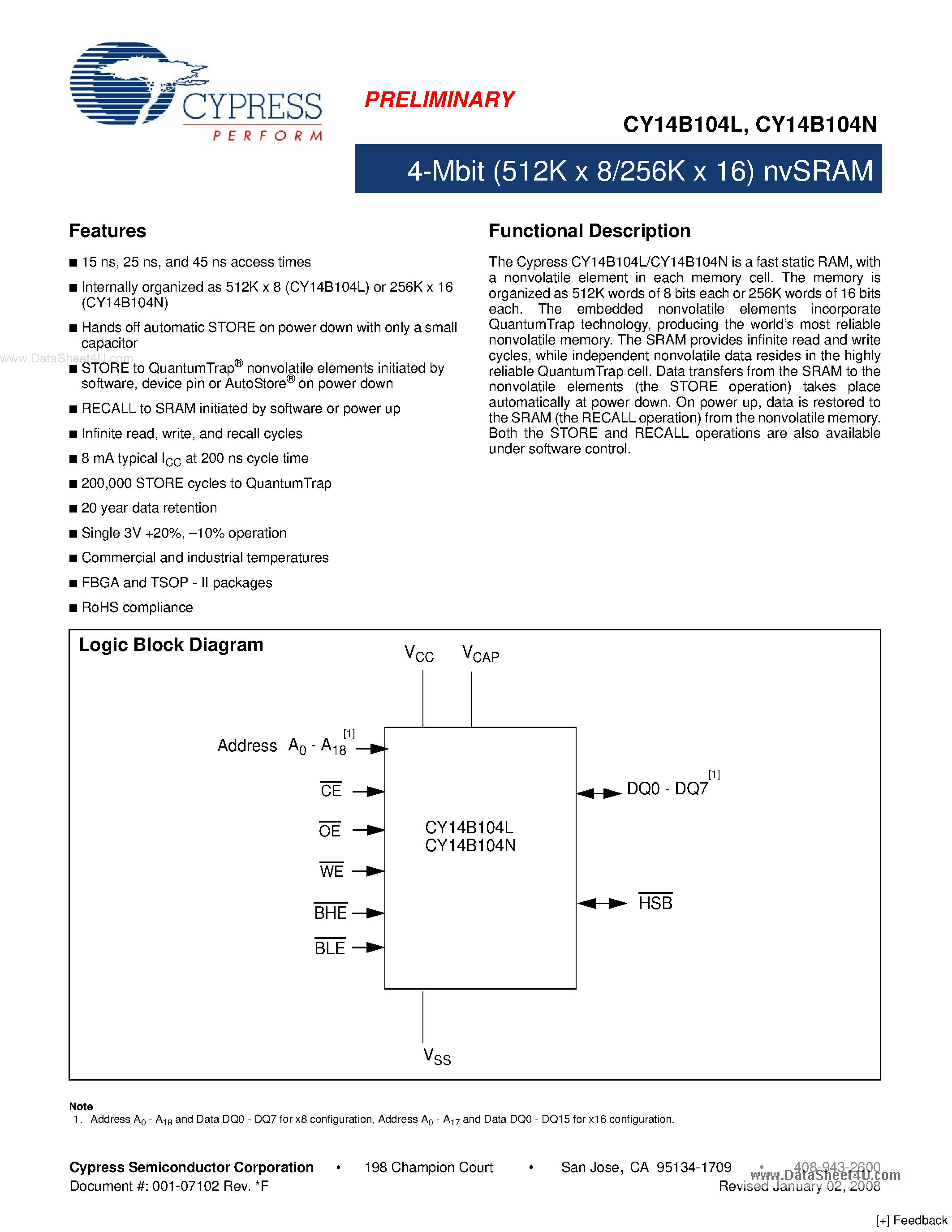 Datasheet CY14B104L - 4-Mbit (512K x 8/256K x 16) nvSRAM page 1