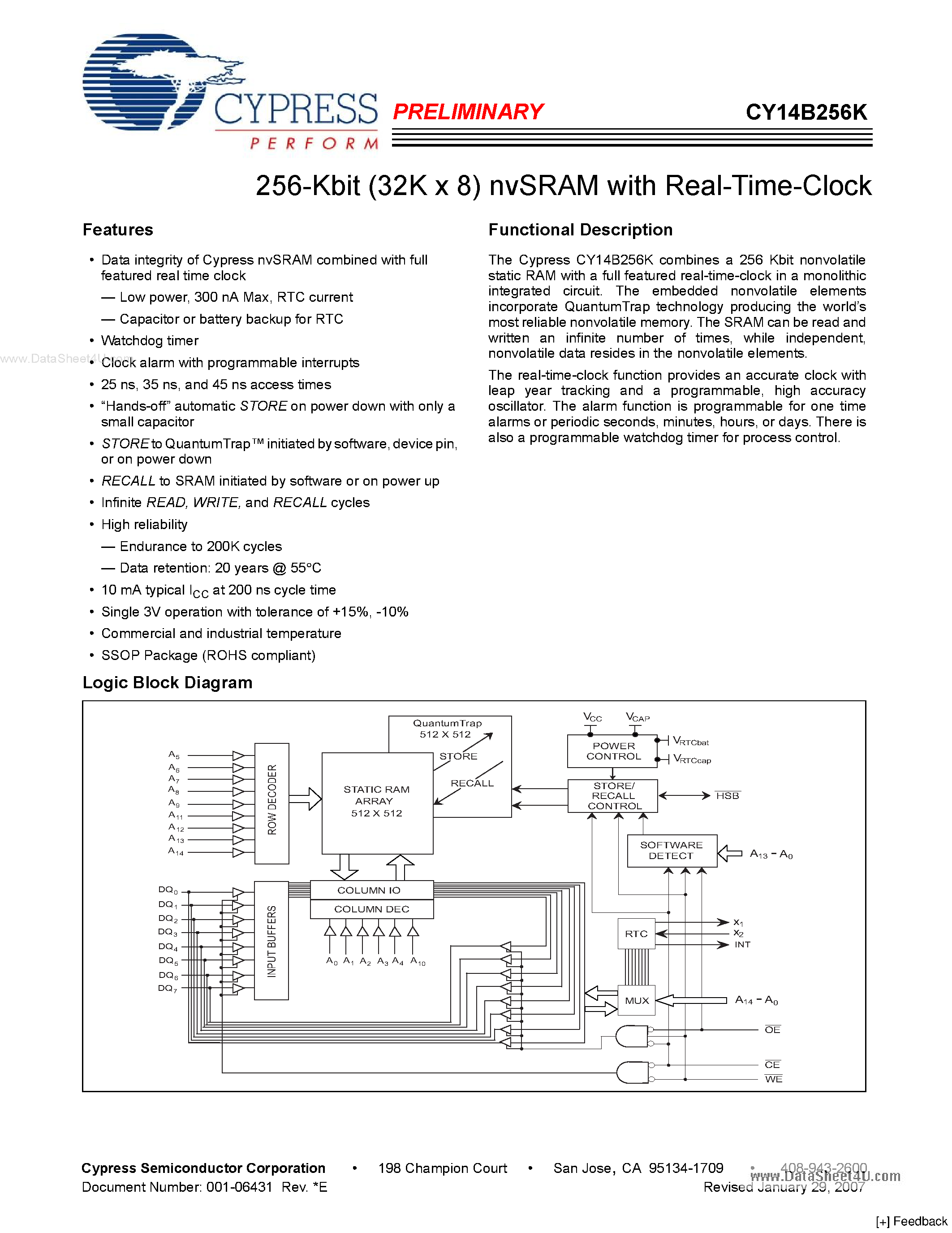 Даташит на микросхему CY14B256K страница 1 Даташит CY14B256K - 256-Kbit (32K x 8) nvSRAM страница 1