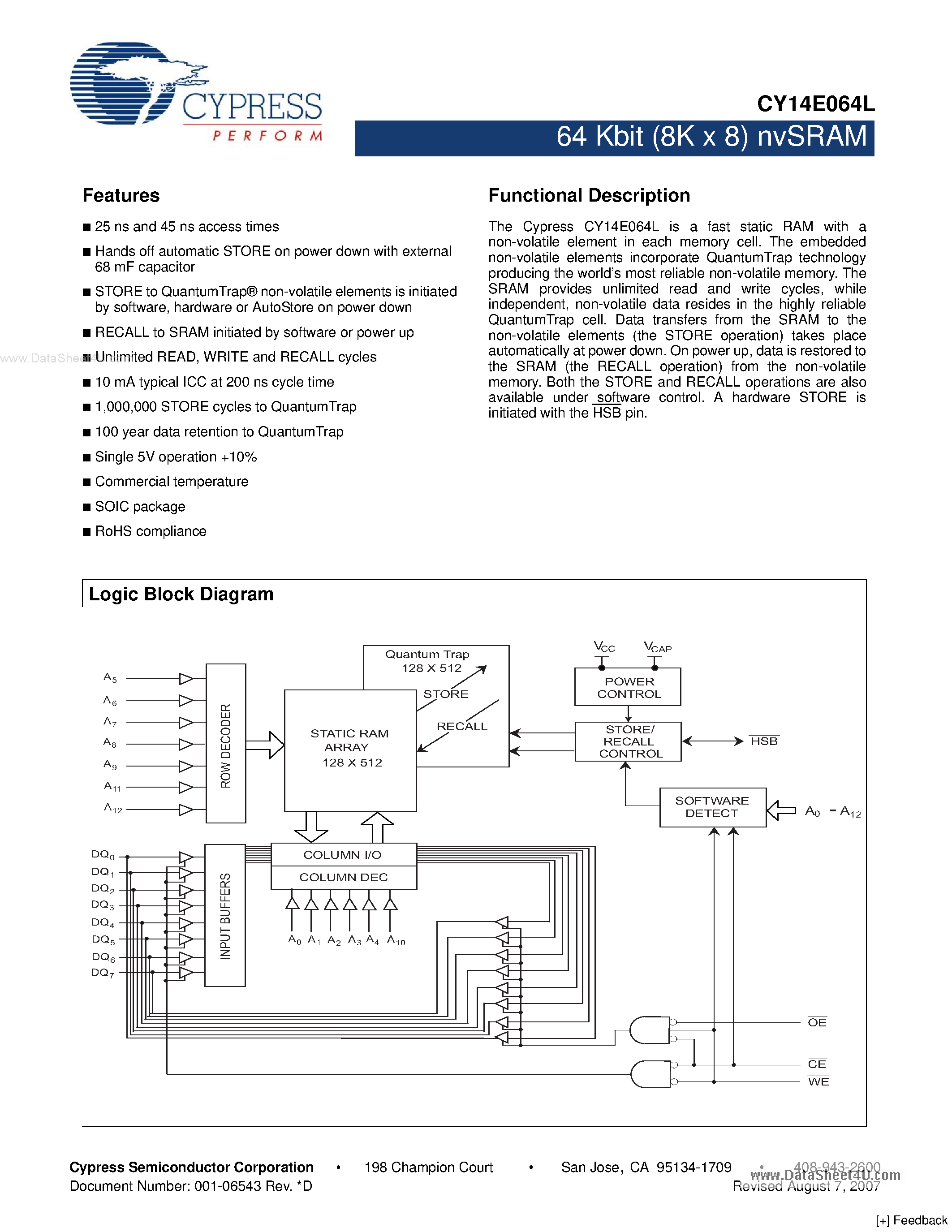 Даташит CY14E064L - 64 Kbit (8K x 8) nvSRAM страница 1